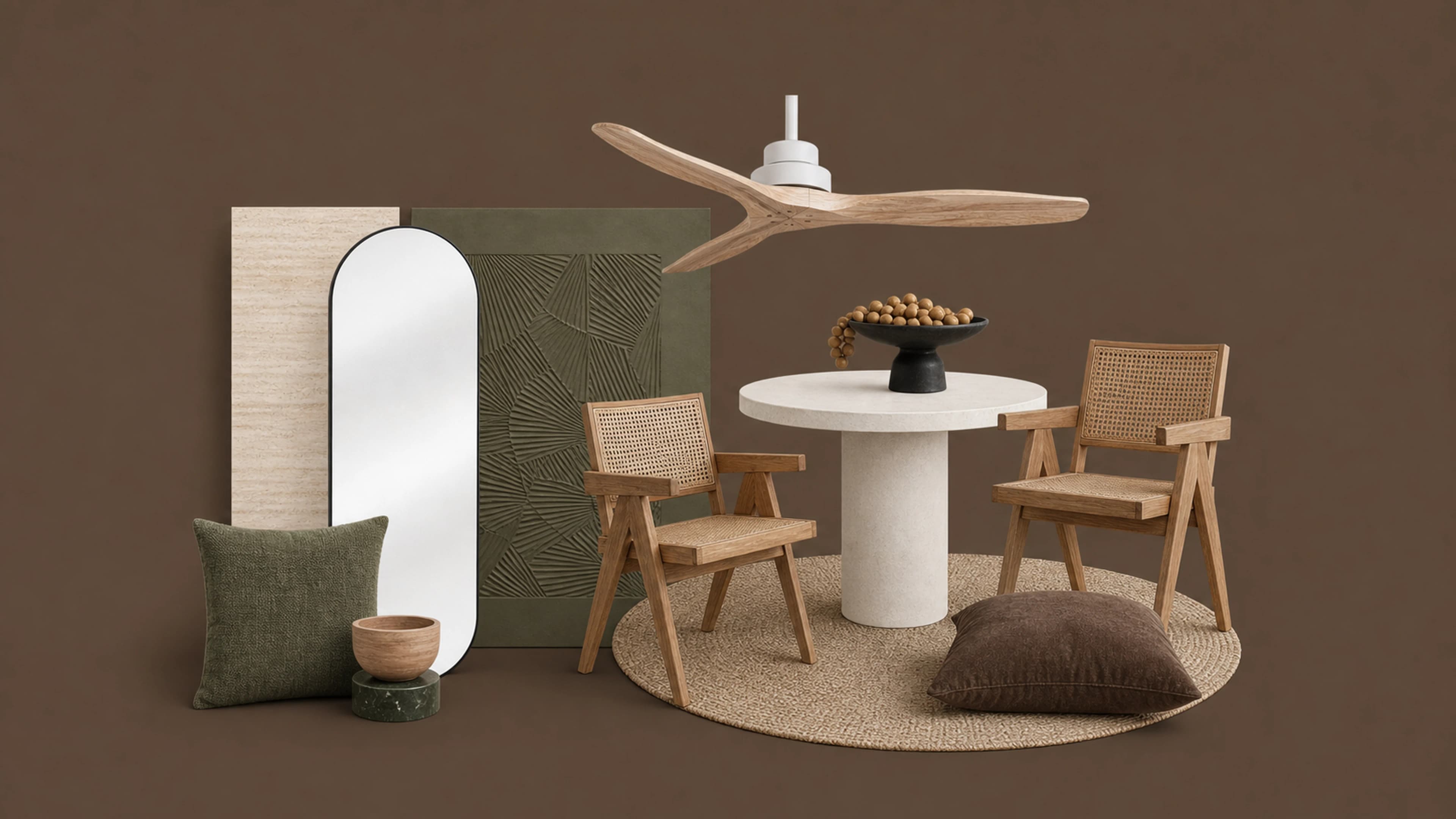 Olive balcony moodboard: cane chairs, travertine bistro table, oval mirror and olive cushions