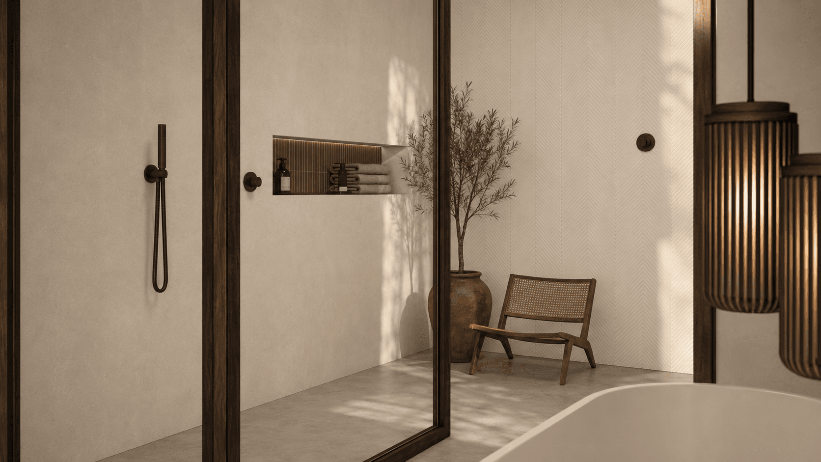 Walk-in shower with open shower zone, woven wood lounge chair and olive tree