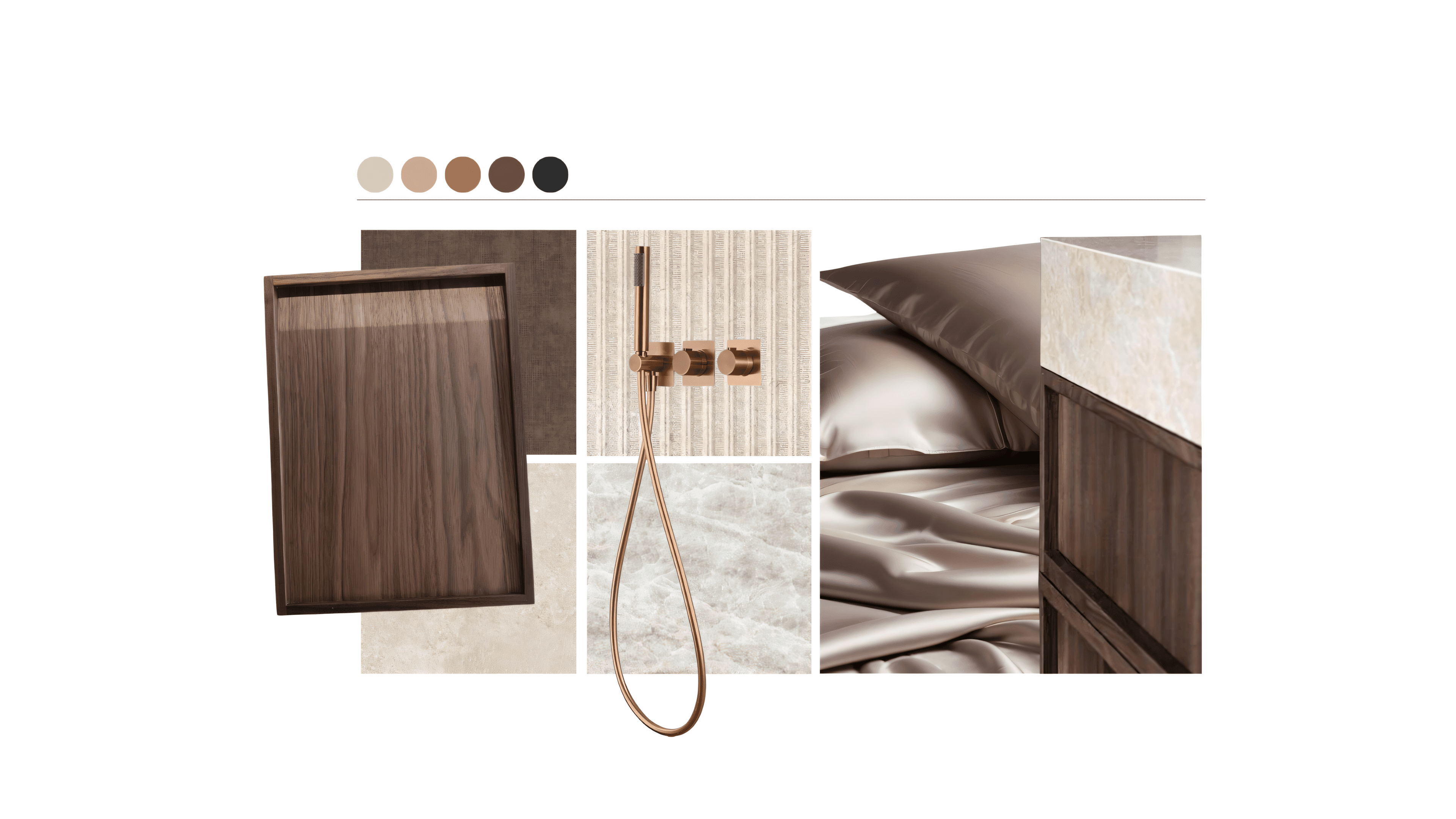 En-suite bathroom moodboard: walnut, Taj Mahal Almond, bronze tap and ribbed tile