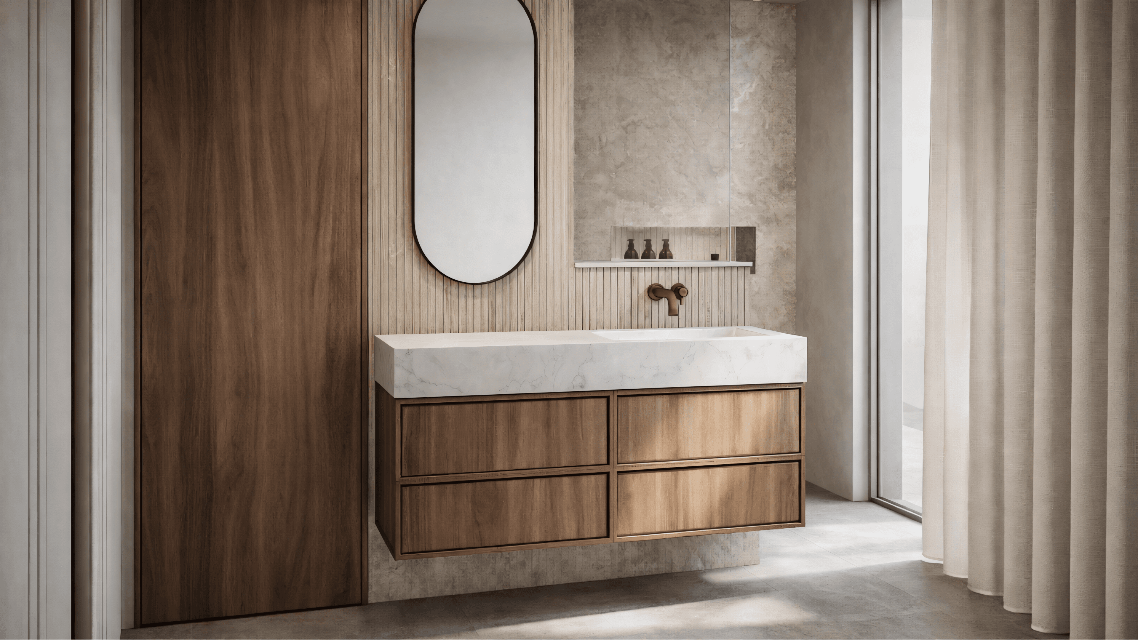 En-suite vanity with walnut drawers, Taj Mahal stone basin and oval mirror