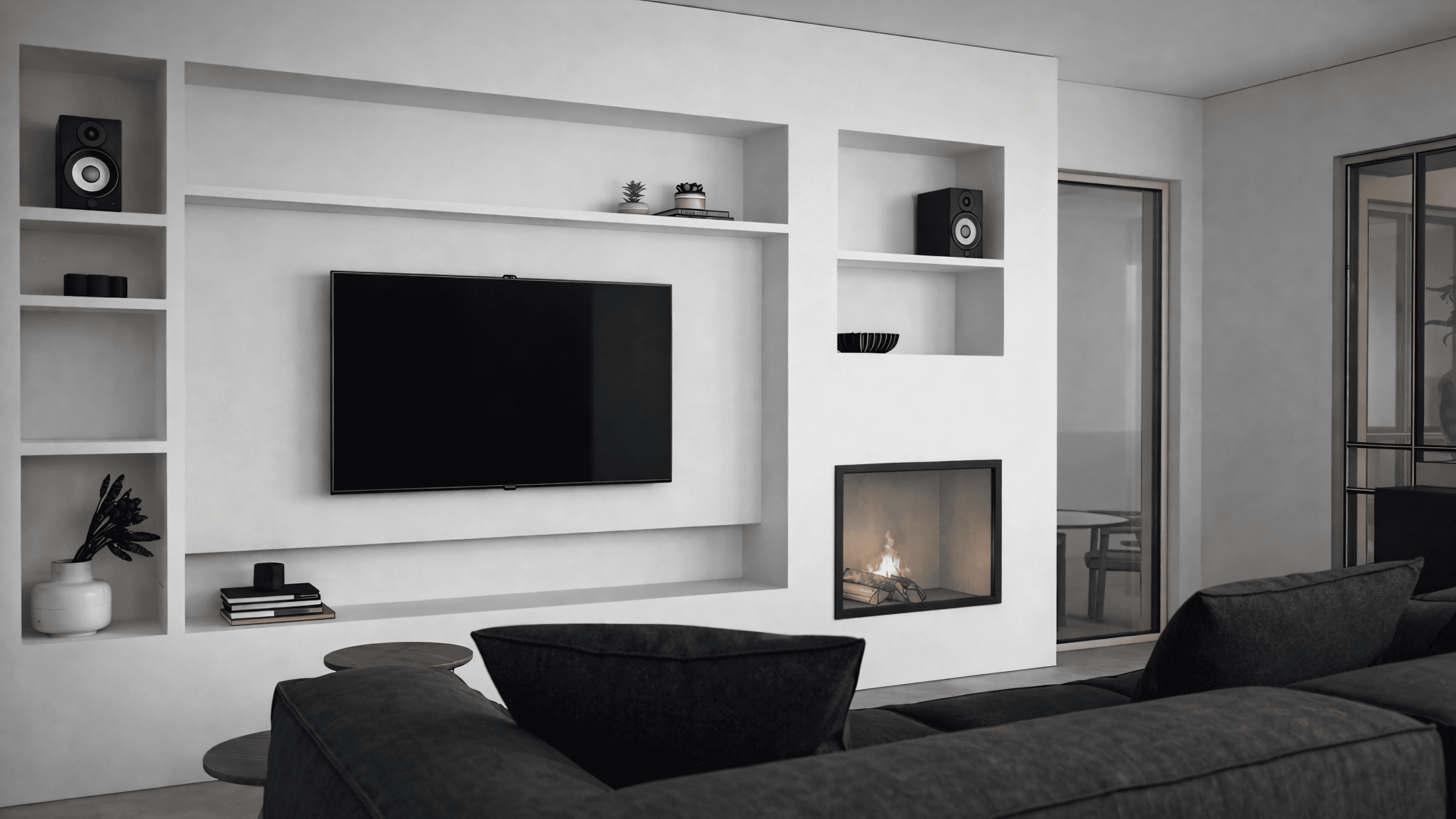 Plasterboard TV wall with integrated fireplace, niche shelves and glass loft door