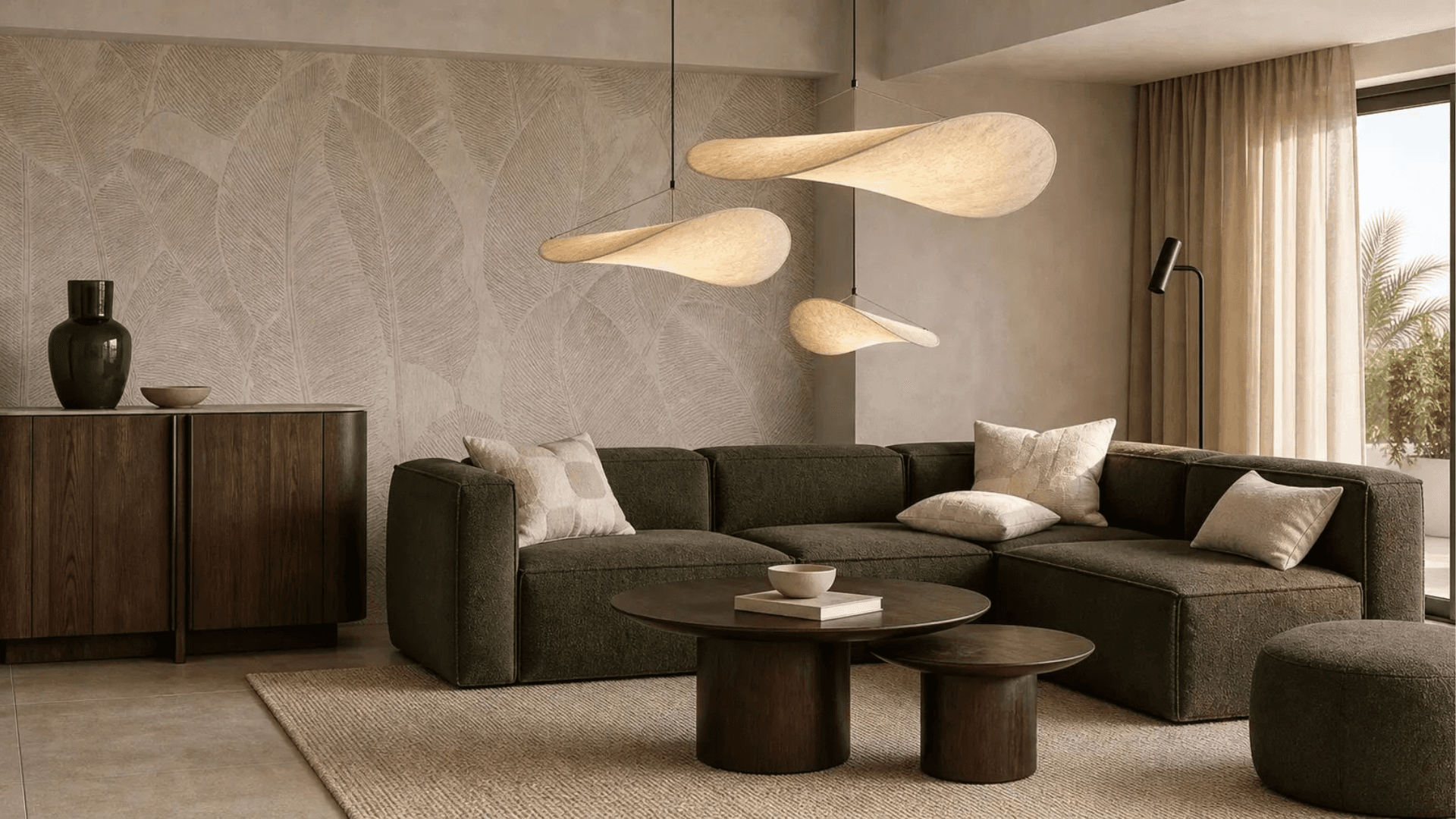 Photorealistic 3D rendering of a warm living room with an olive modular sofa, walnut sideboard, palm-leaf wallpaper and three sculptural pendant lights above the coffee table