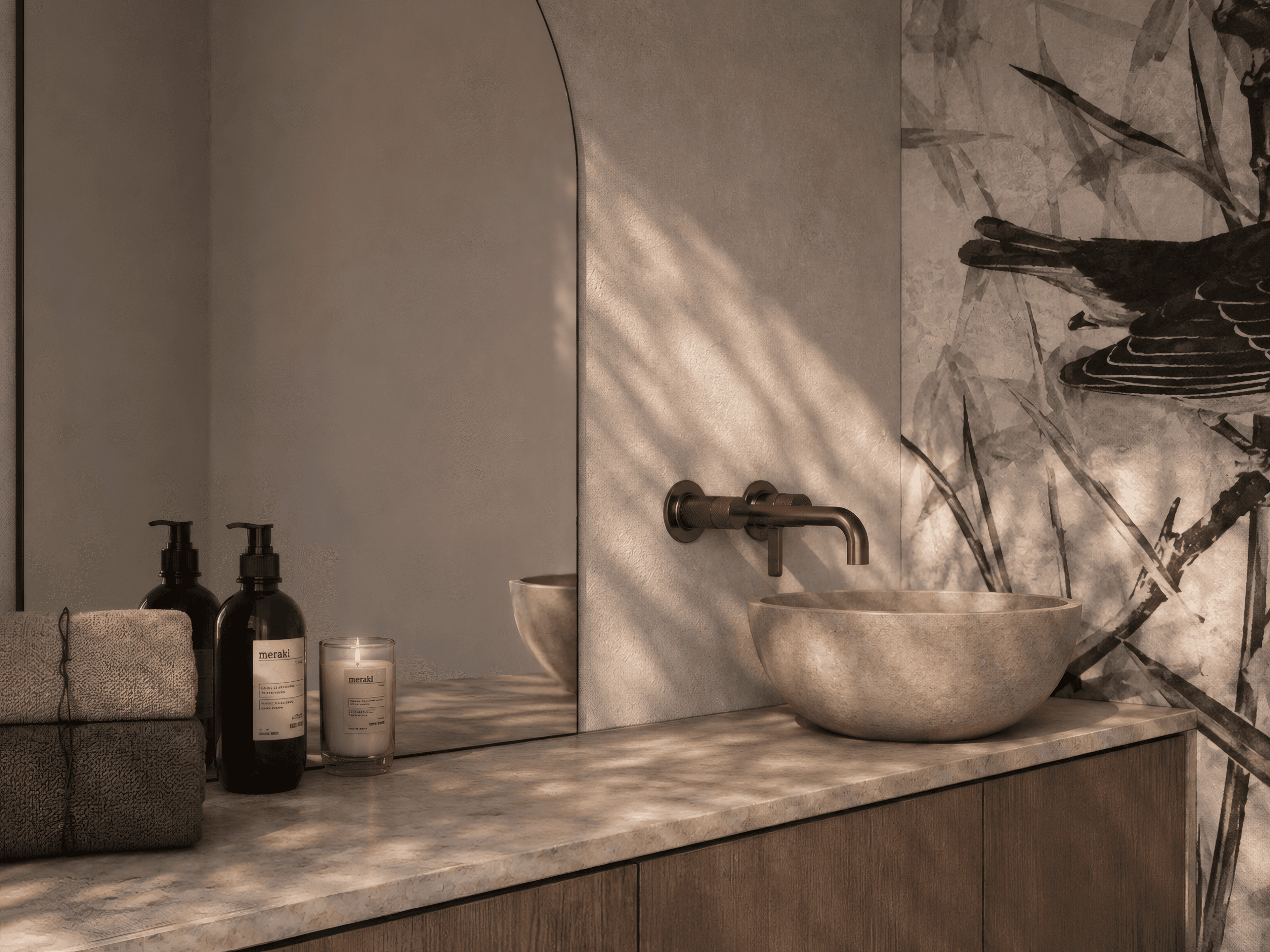 Natural stone washbasin in front of a graphic bird wall with warm light and bronze tapware