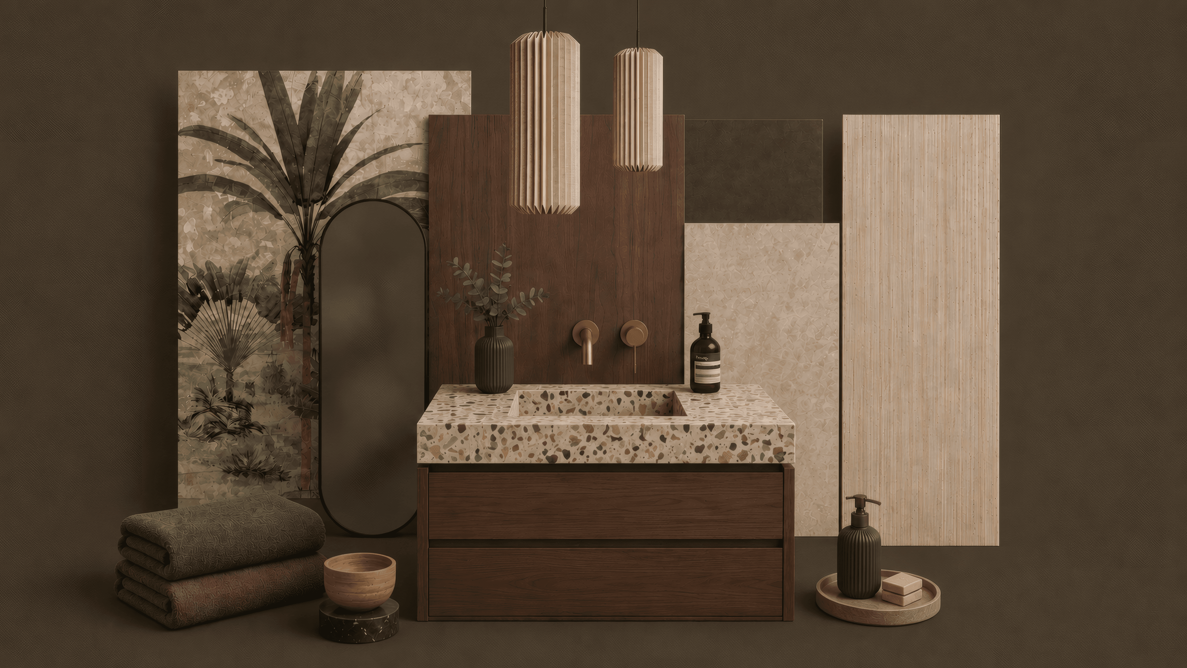 Moodboard für ein Bad mit Palmentapete, dunklem Holz, Terrazzo-Waschtisch und warmen Naturmaterialien