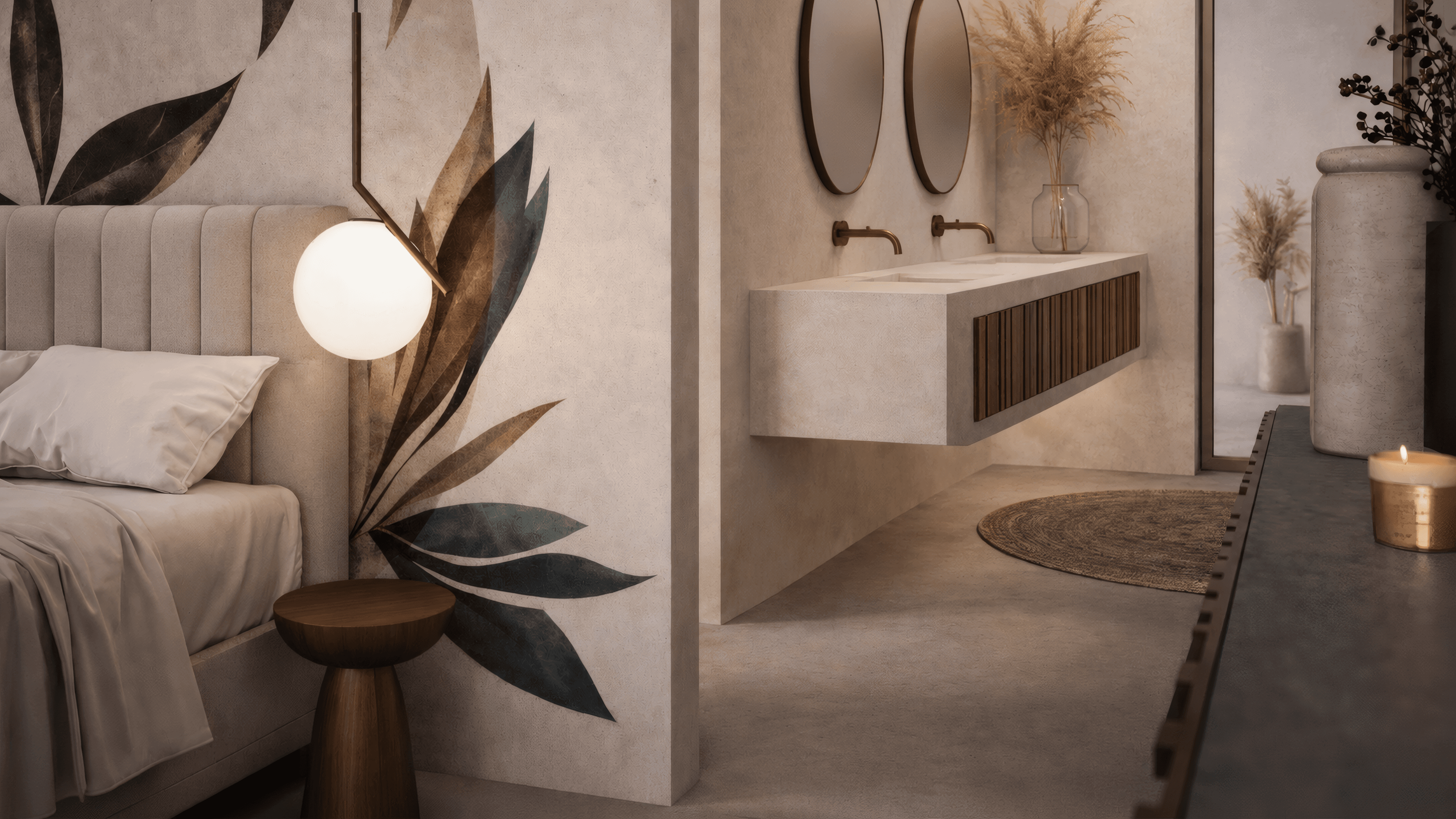 Sleeping area with ensuite bathroom, floral wall design, bronze fittings and a warm material palette