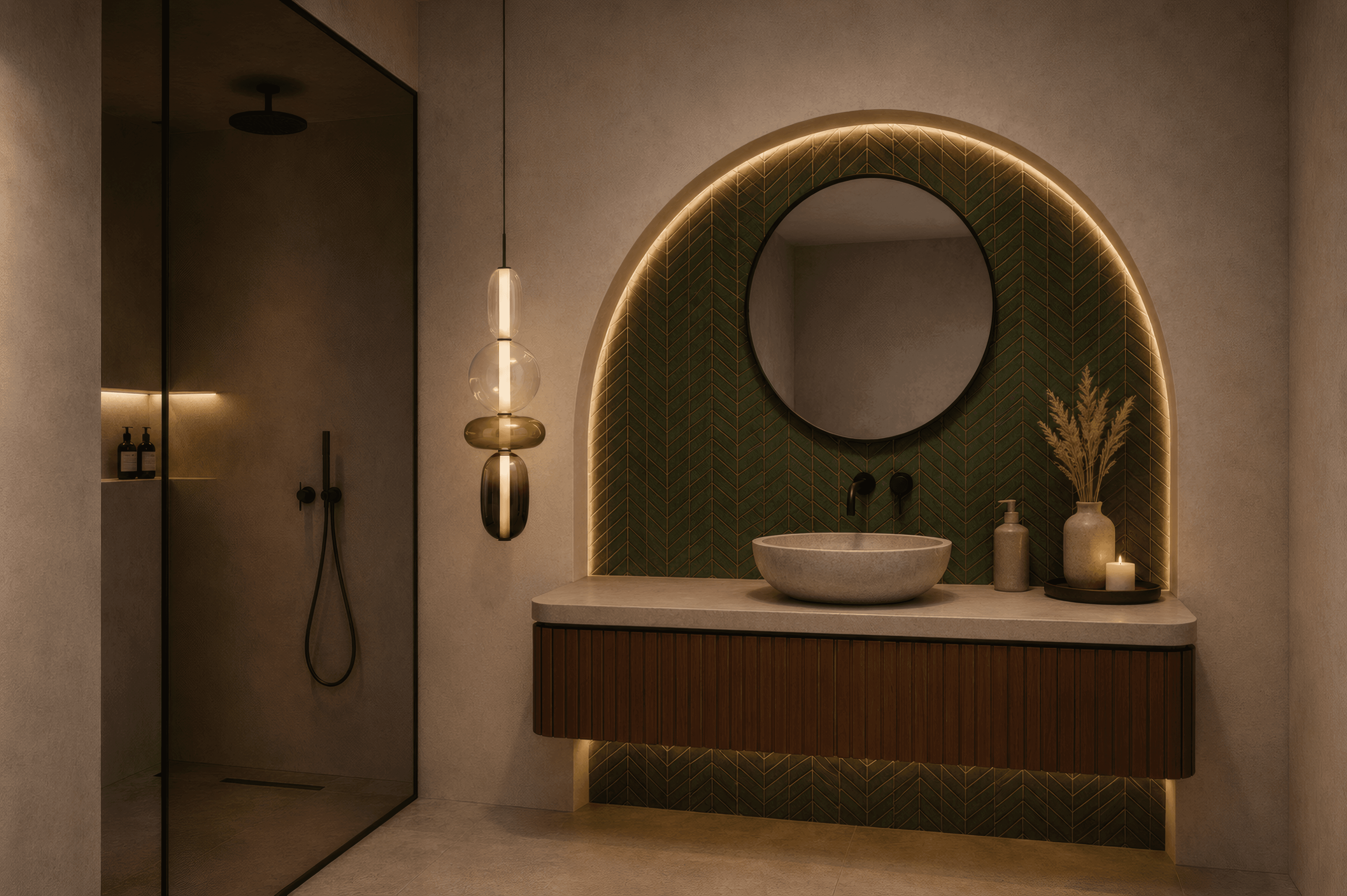 Bathroom with a green tiled arch, dark glass shower and a warmly lit vanity