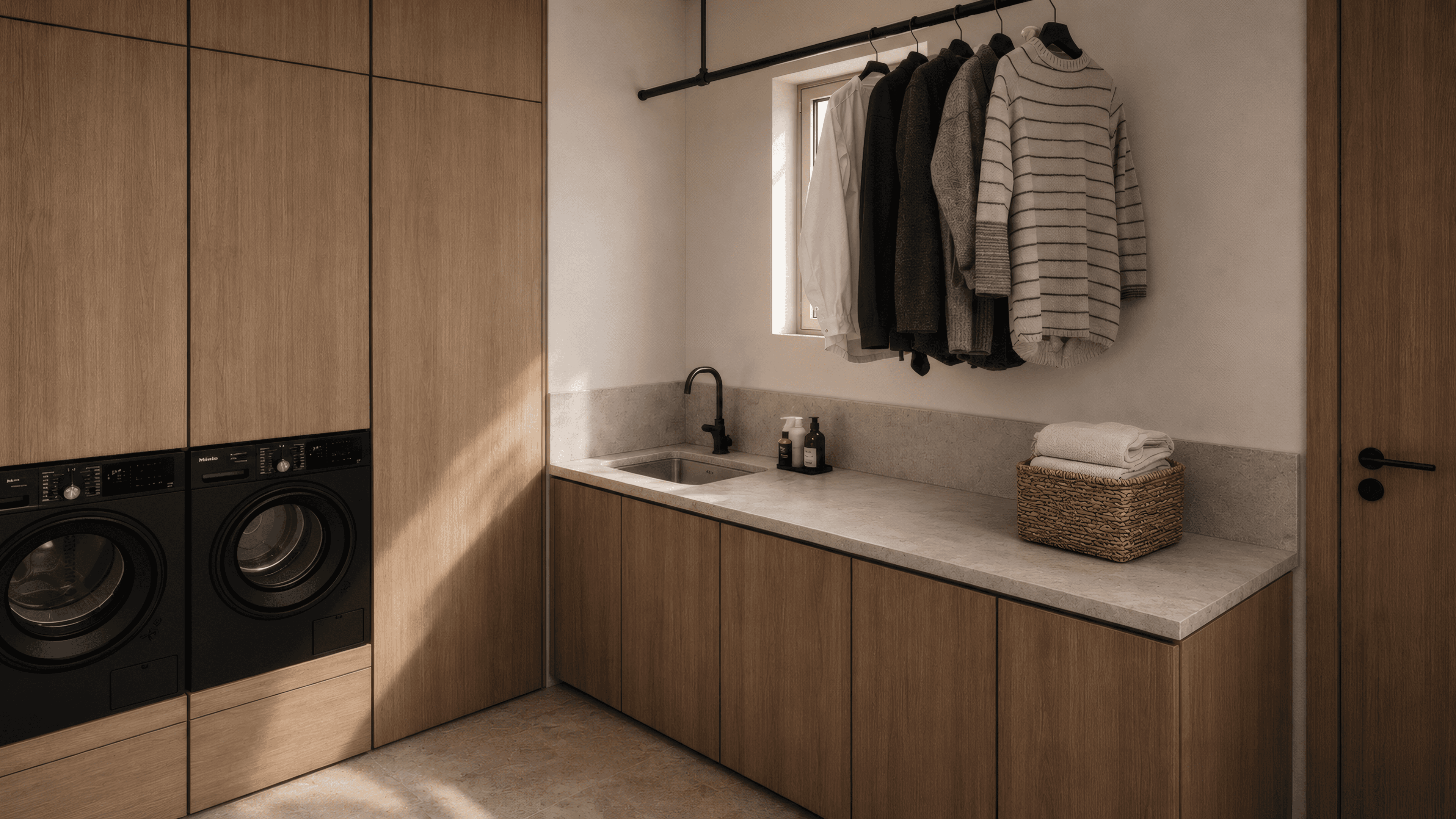 Laundry room with walnut cabinetry, integrated utility sink, stone countertop and open hanging rail