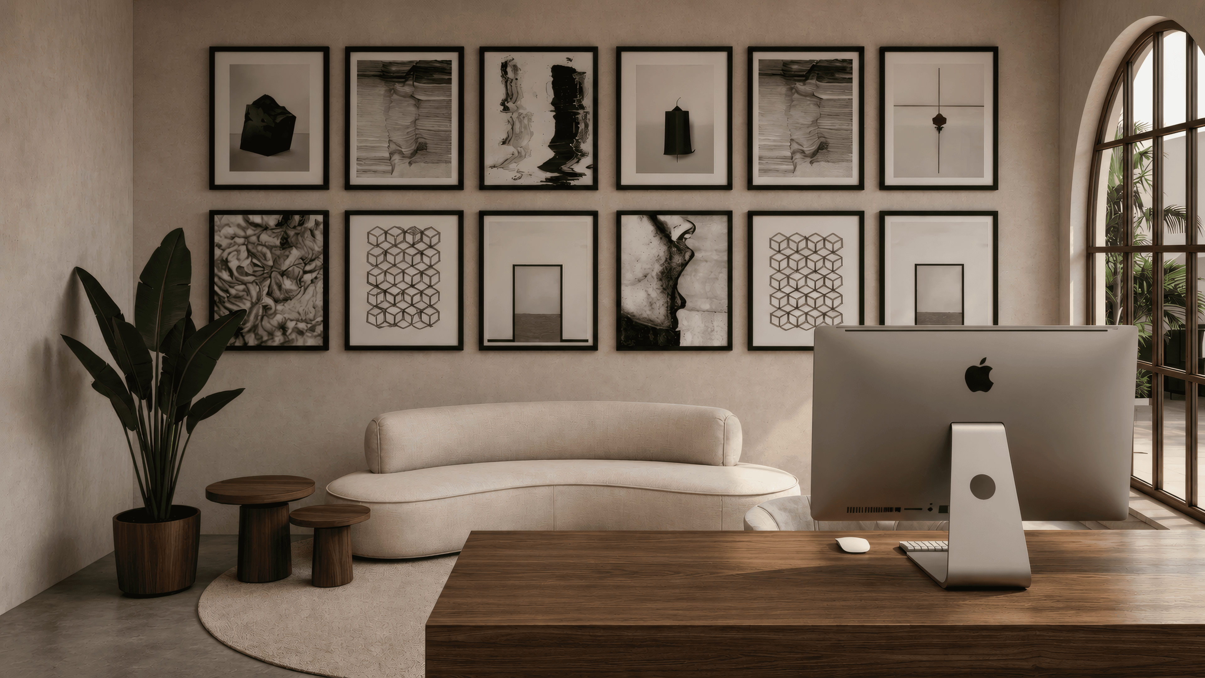 Home office with a curated gallery wall, cream sofa and dark wood desk