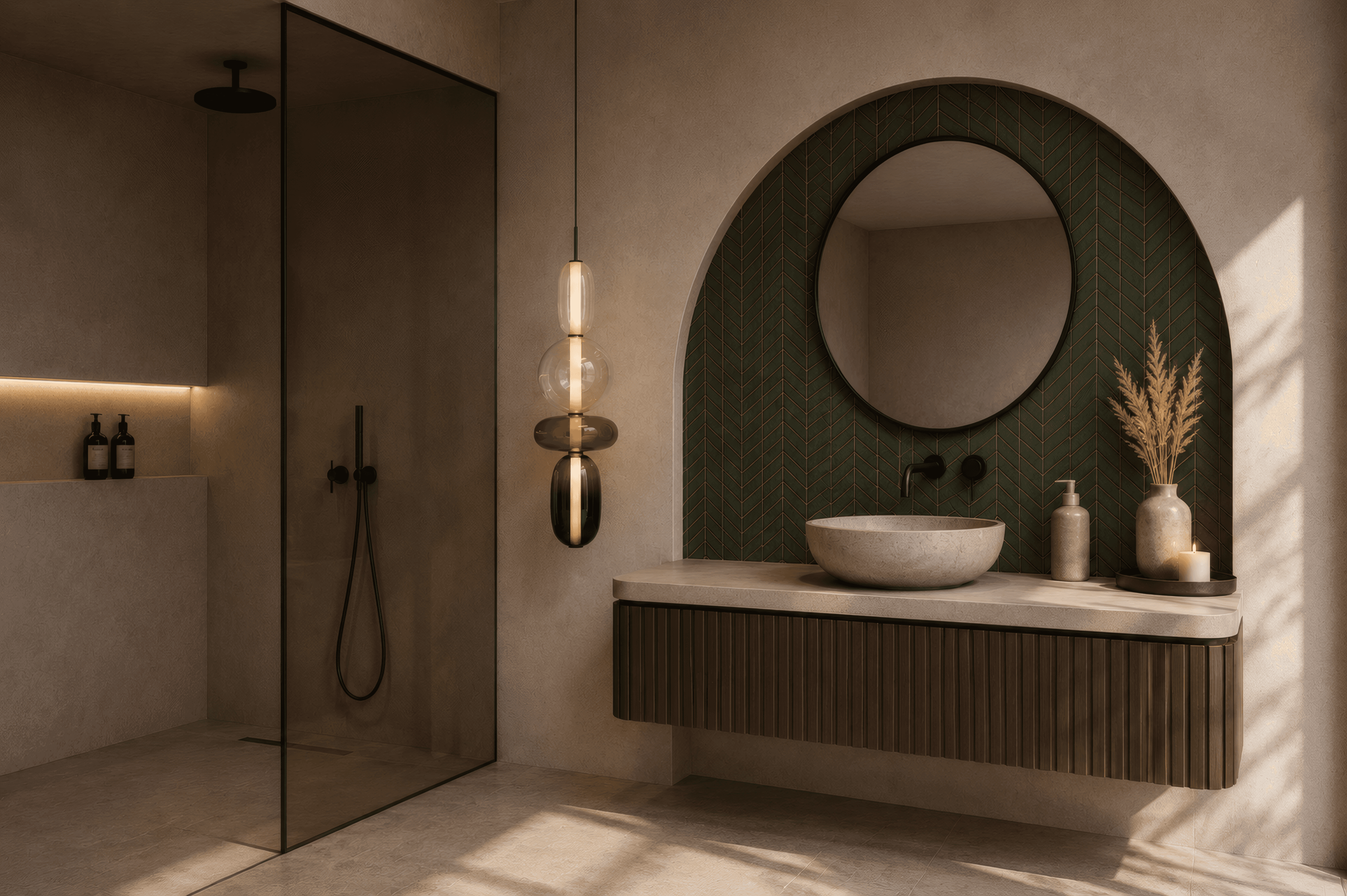 Luxurious bathroom with a green tiled arch, natural stone vanity and dark glass shower
