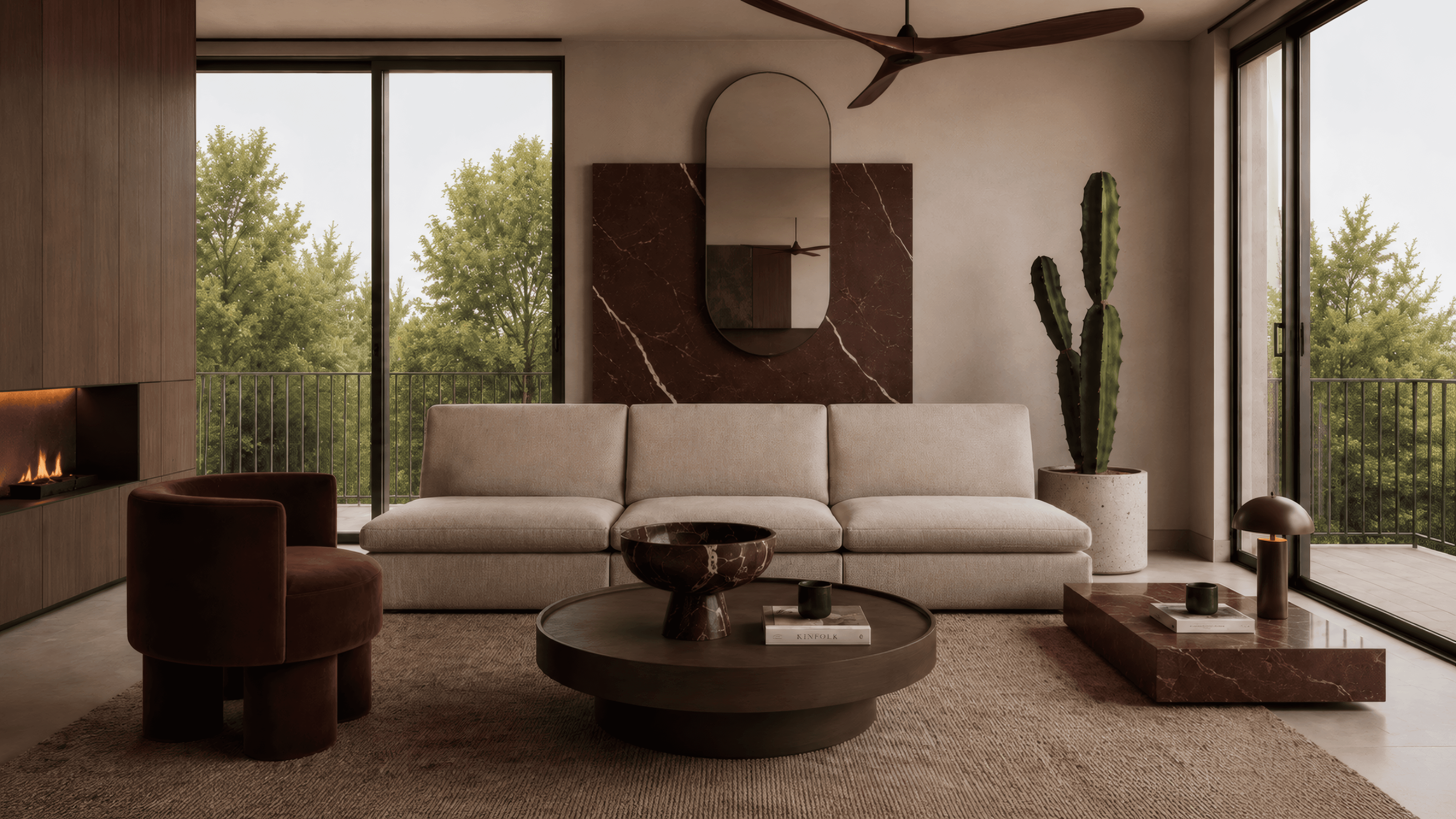 Living room with round stone table, suspended fireplace, TV wall and a warm Mediterranean atmosphere