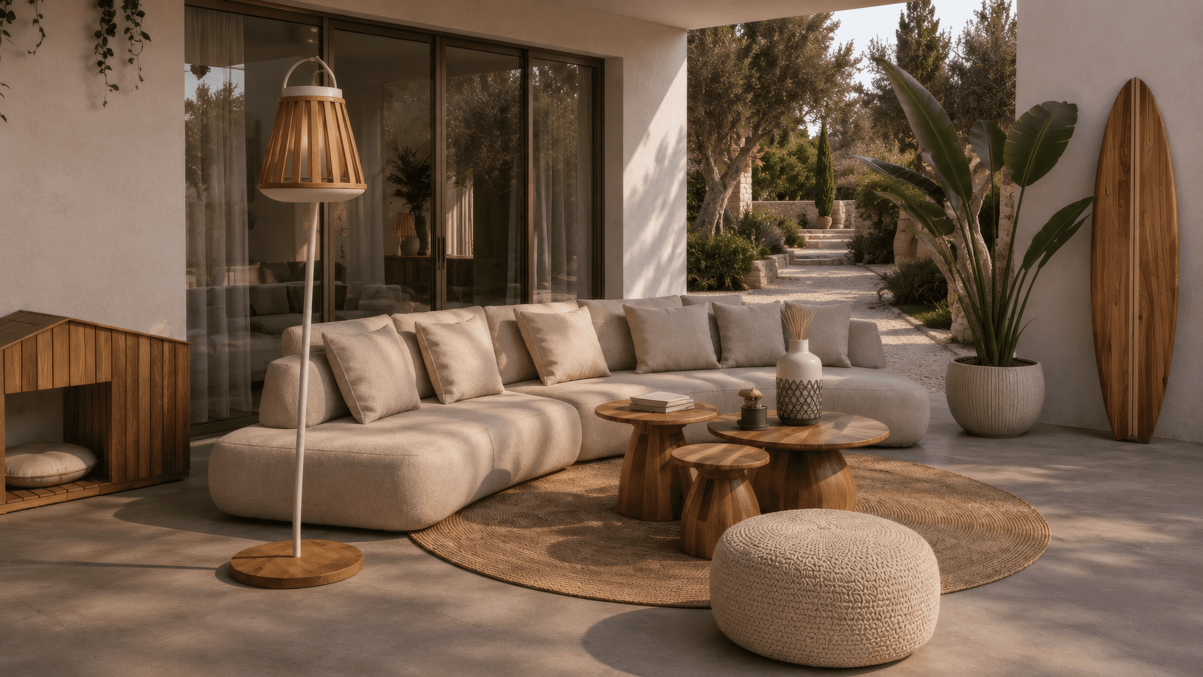 Mediterranean garden path with an outdoor lounge, soft upholstery and calm evening light