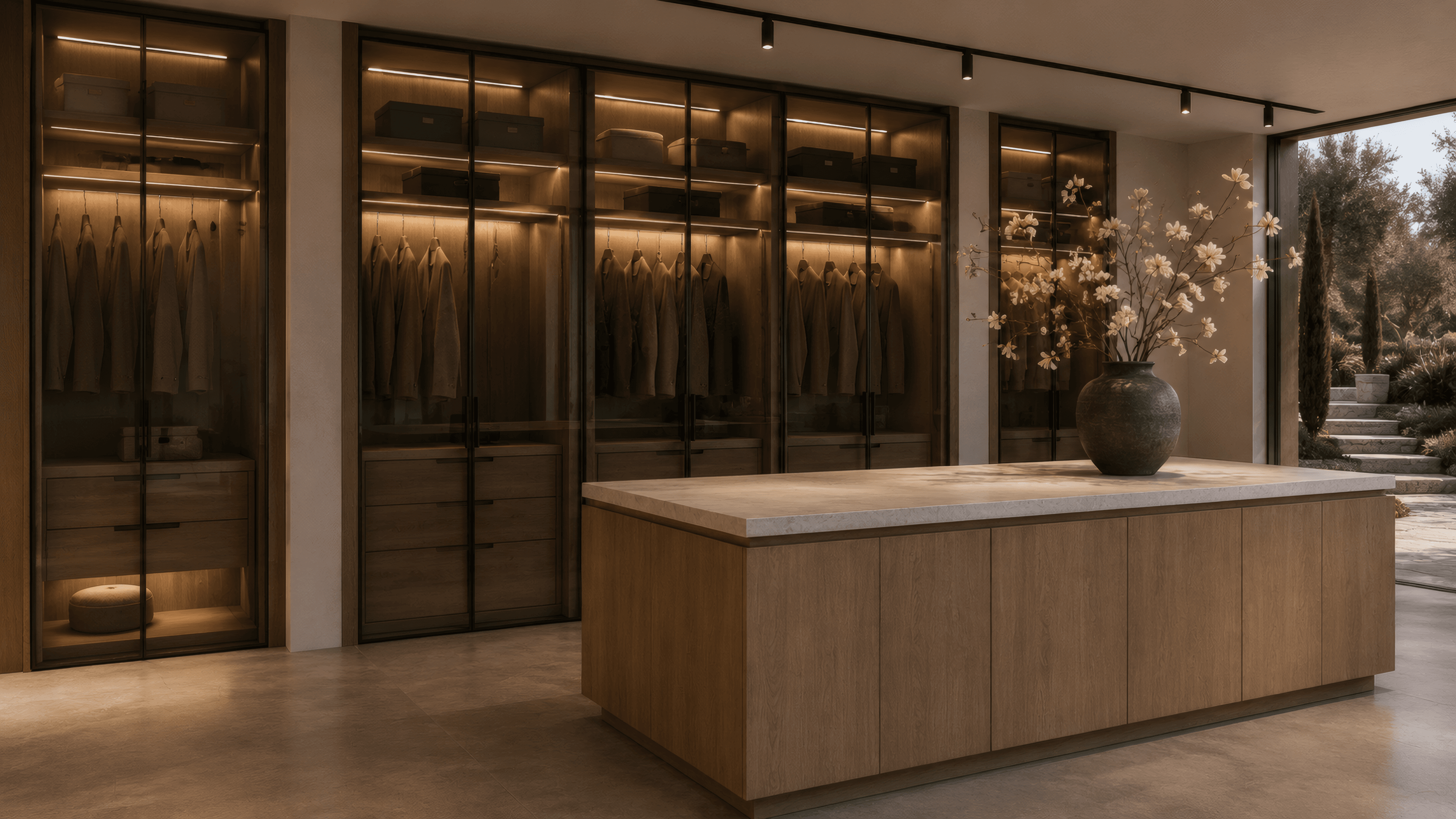 Walk-in wardrobe with full-height glass cabinets, a central island and a warm lighting concept