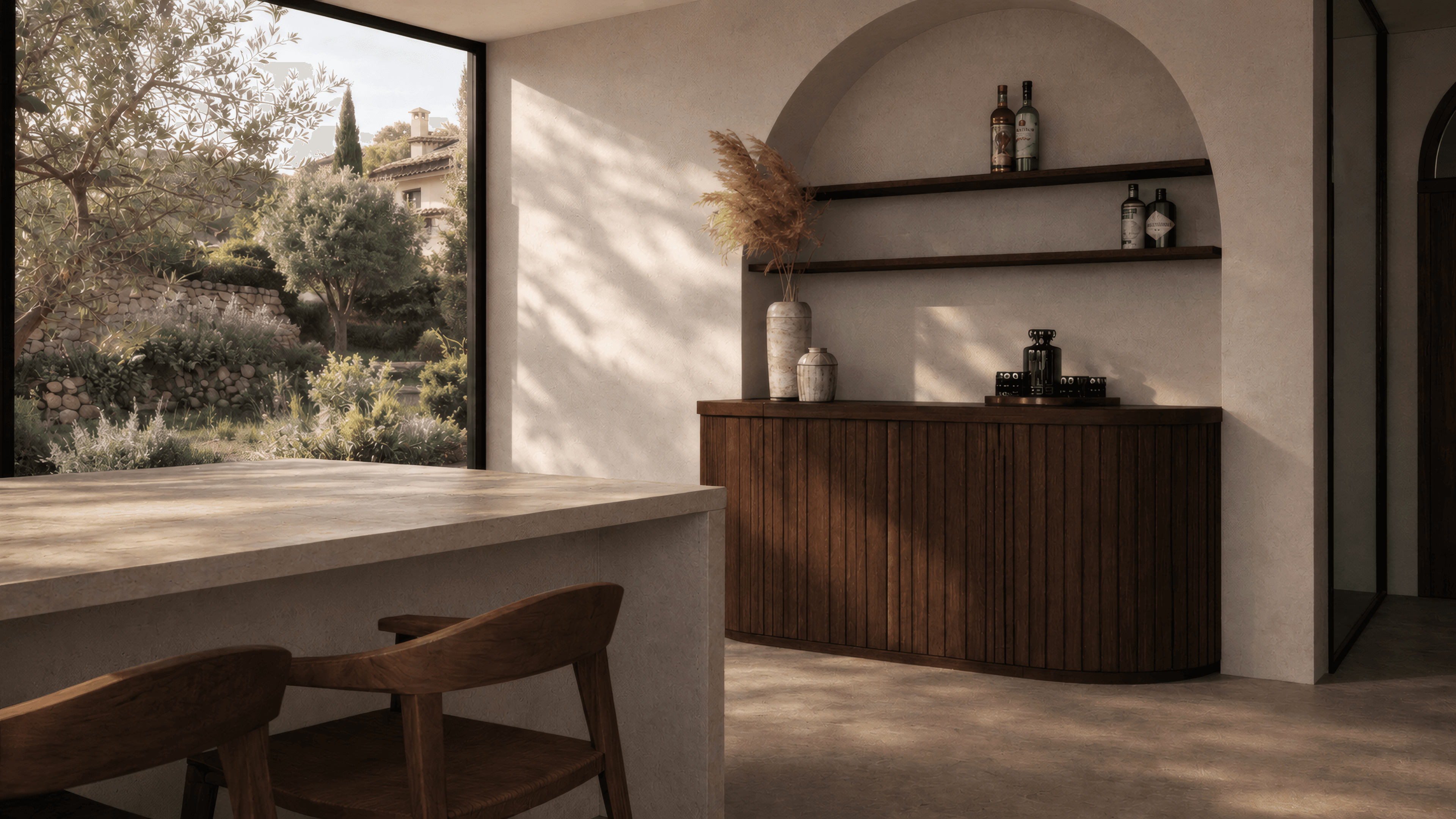 Living area with a bespoke dark wood bar, open shelves and a Mediterranean garden view