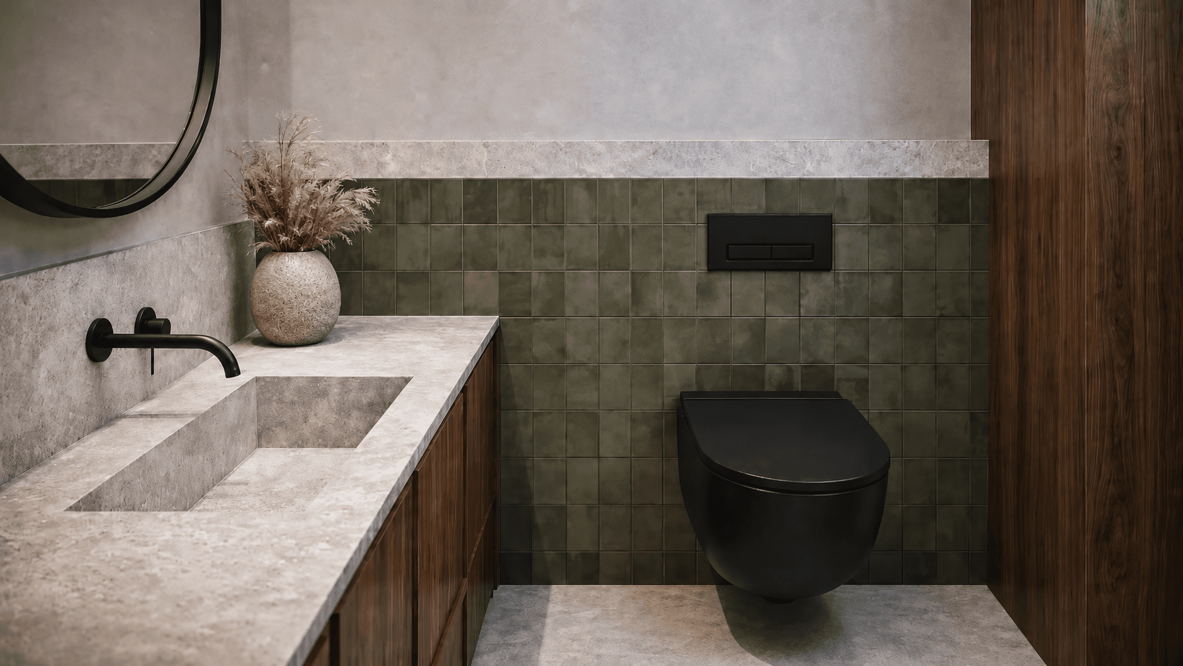 Green guest bathroom with dark fittings, bespoke vanity and a calm material composition