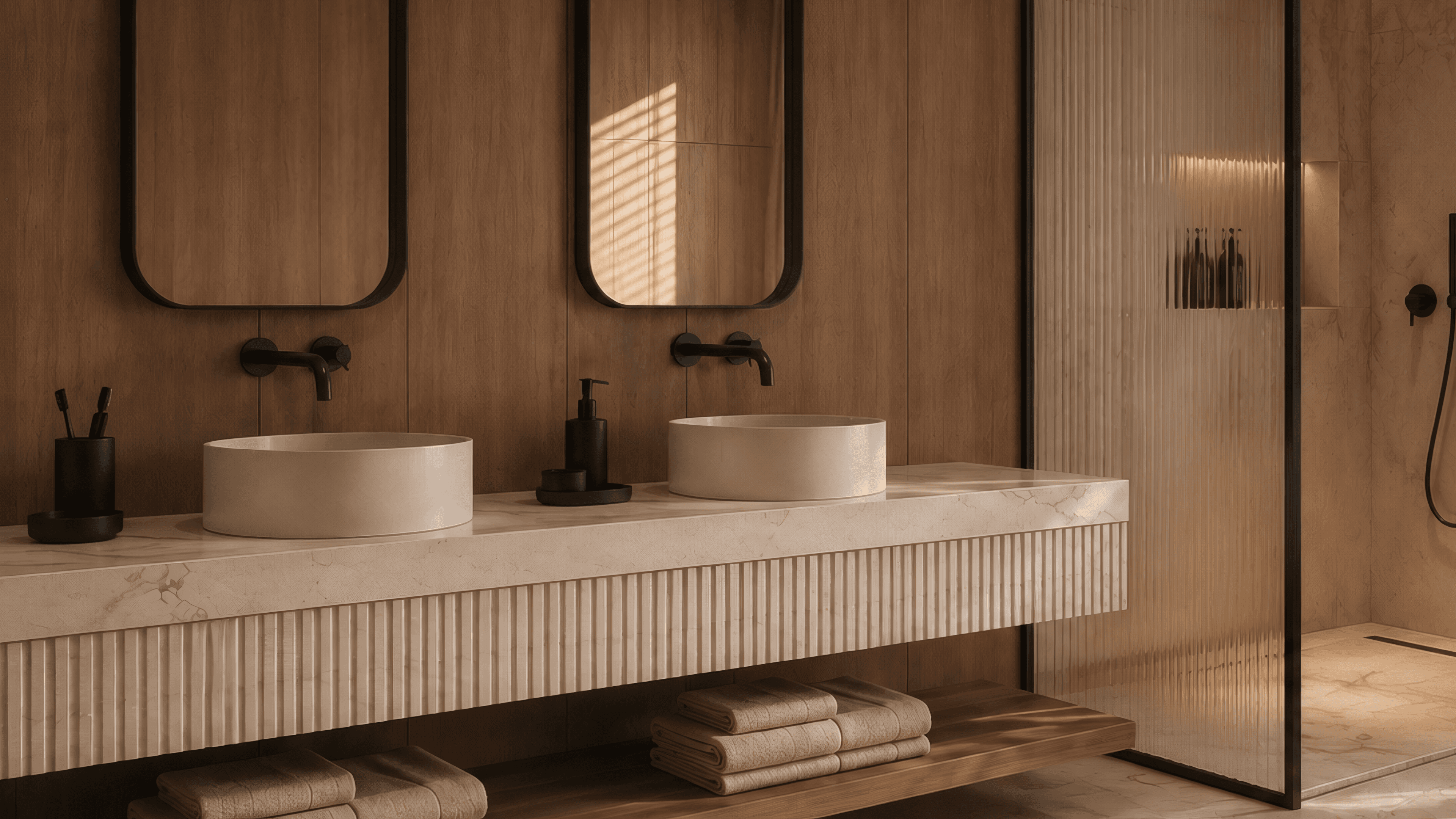 Elegant lounge and reception area with a dark wood desk, warm lighting and a calm hospitality atmosphere