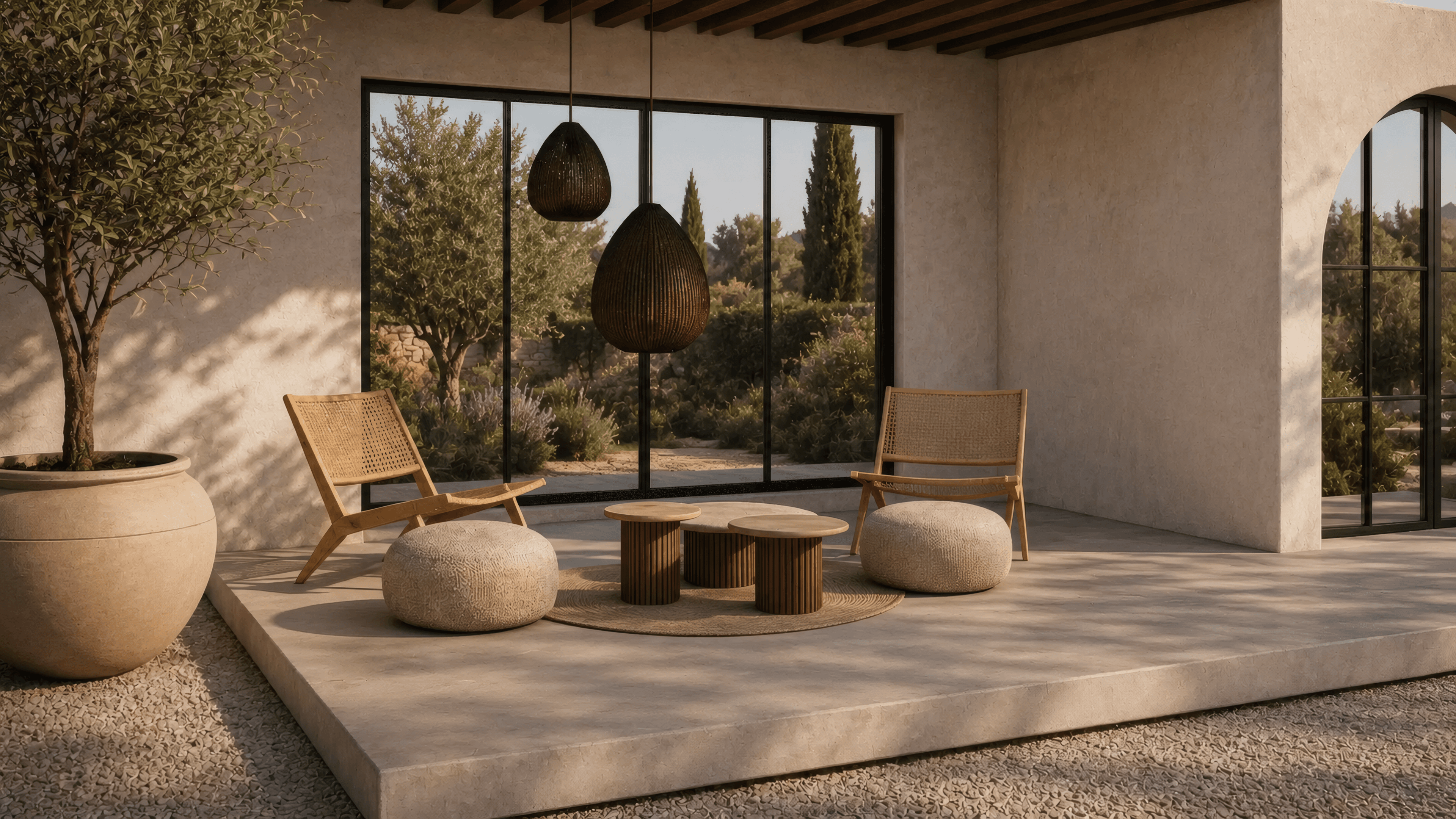 Outdoor-Lounge mit zwei Sesseln, runden Holztischen und mediterranem Gartenblick