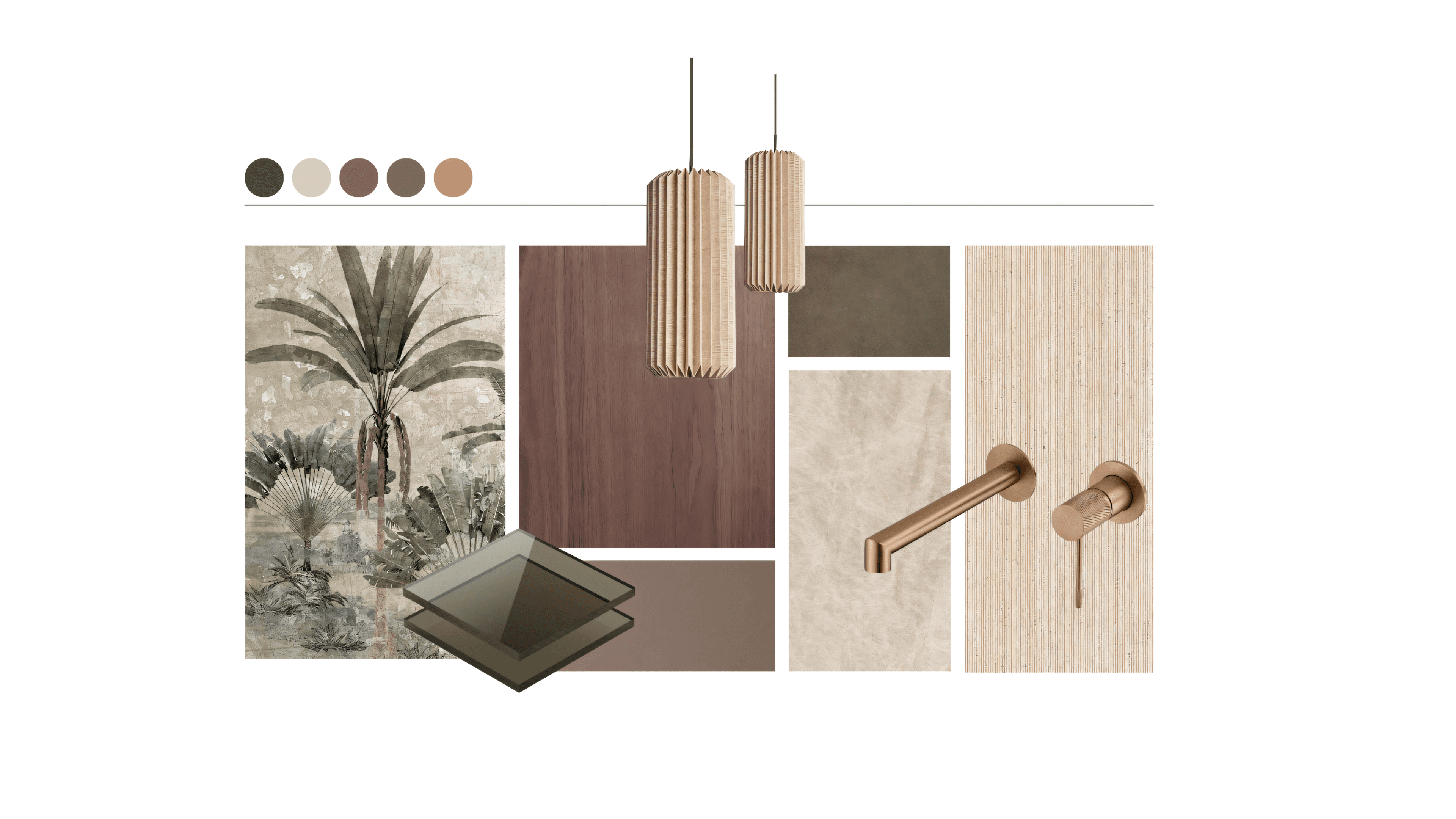 Guest bathroom moodboard: palm wallpaper, walnut, travertine and bronze tap