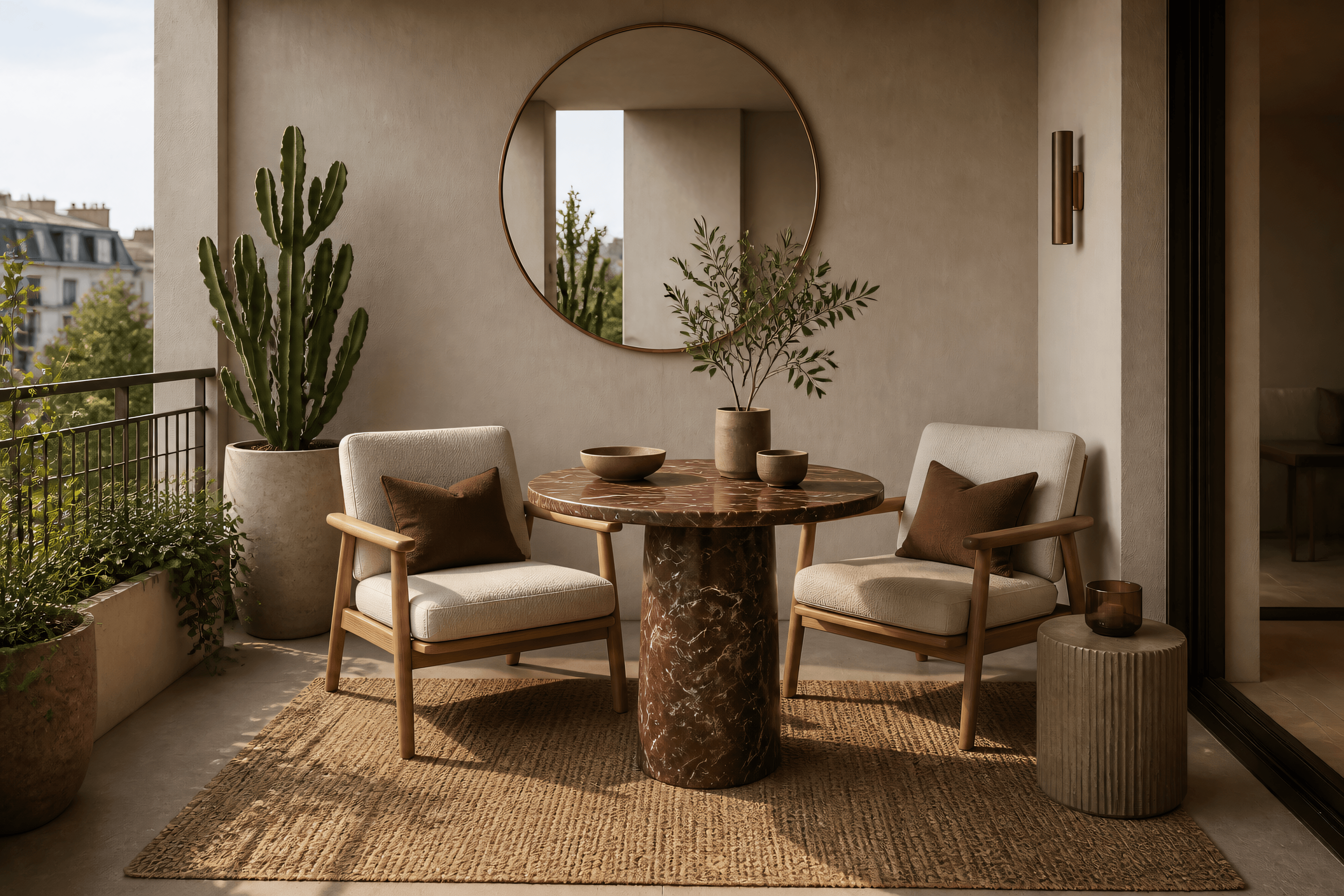 3D rendering of a balcony with burgundy stone, warm wood and a round mirror, Cologne Südstadt
