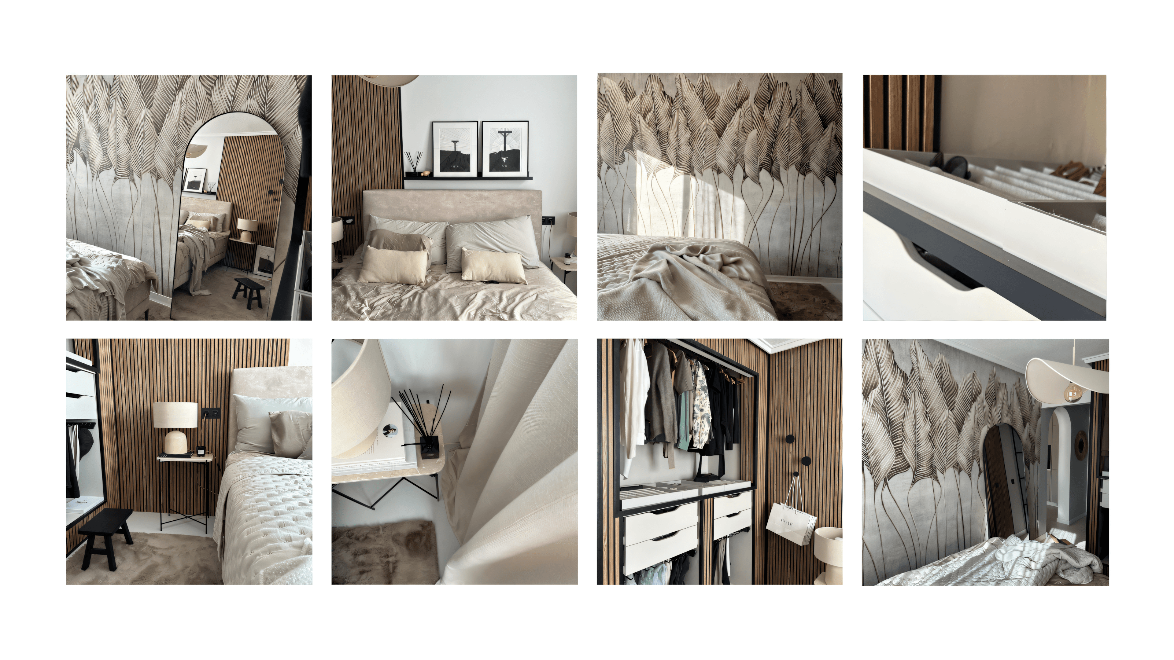 Collage of the final bedroom design with velvet headboard, curtains and table lamp
