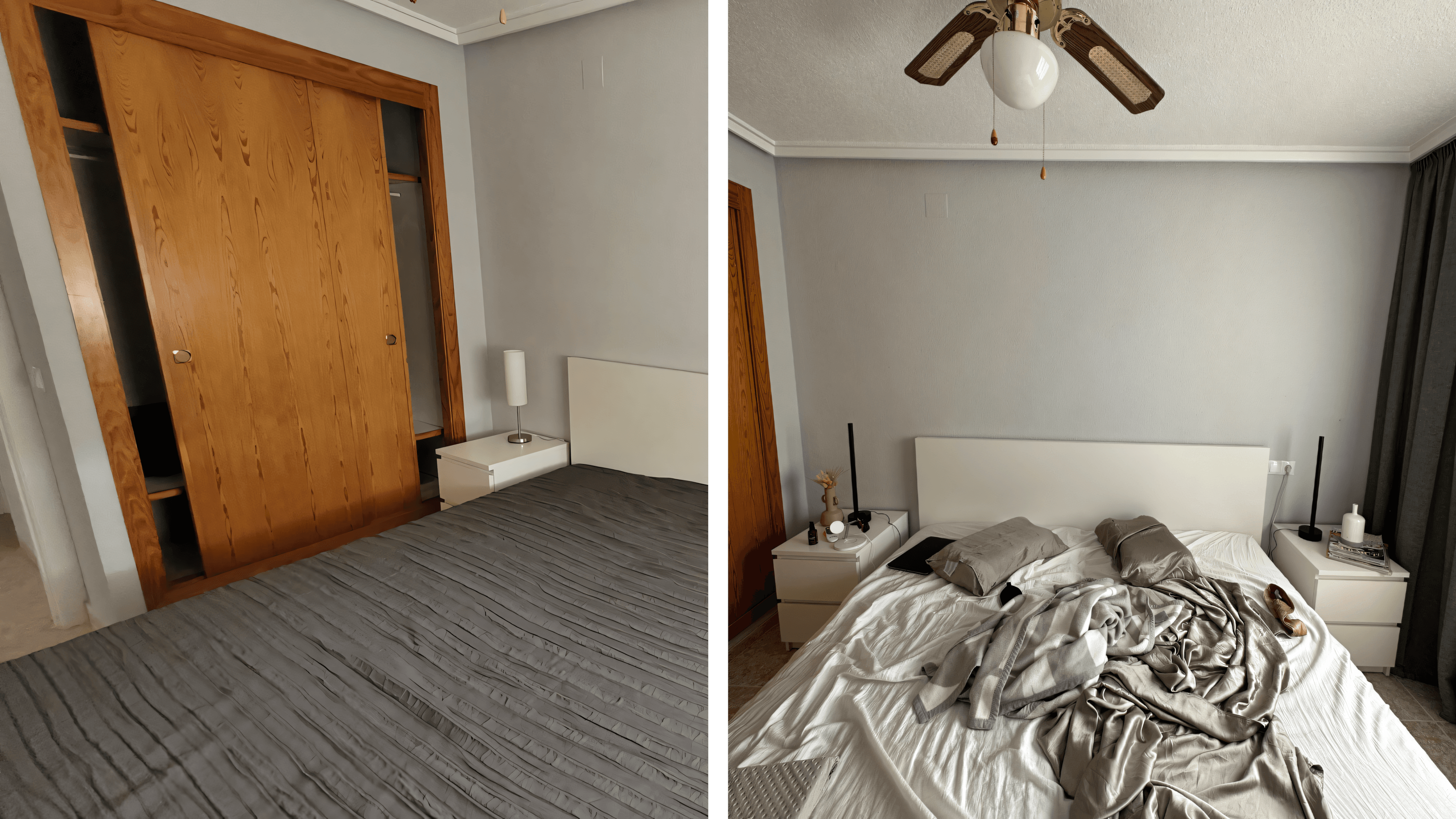 Before: old bedroom with pine sliding wardrobe and grey walls