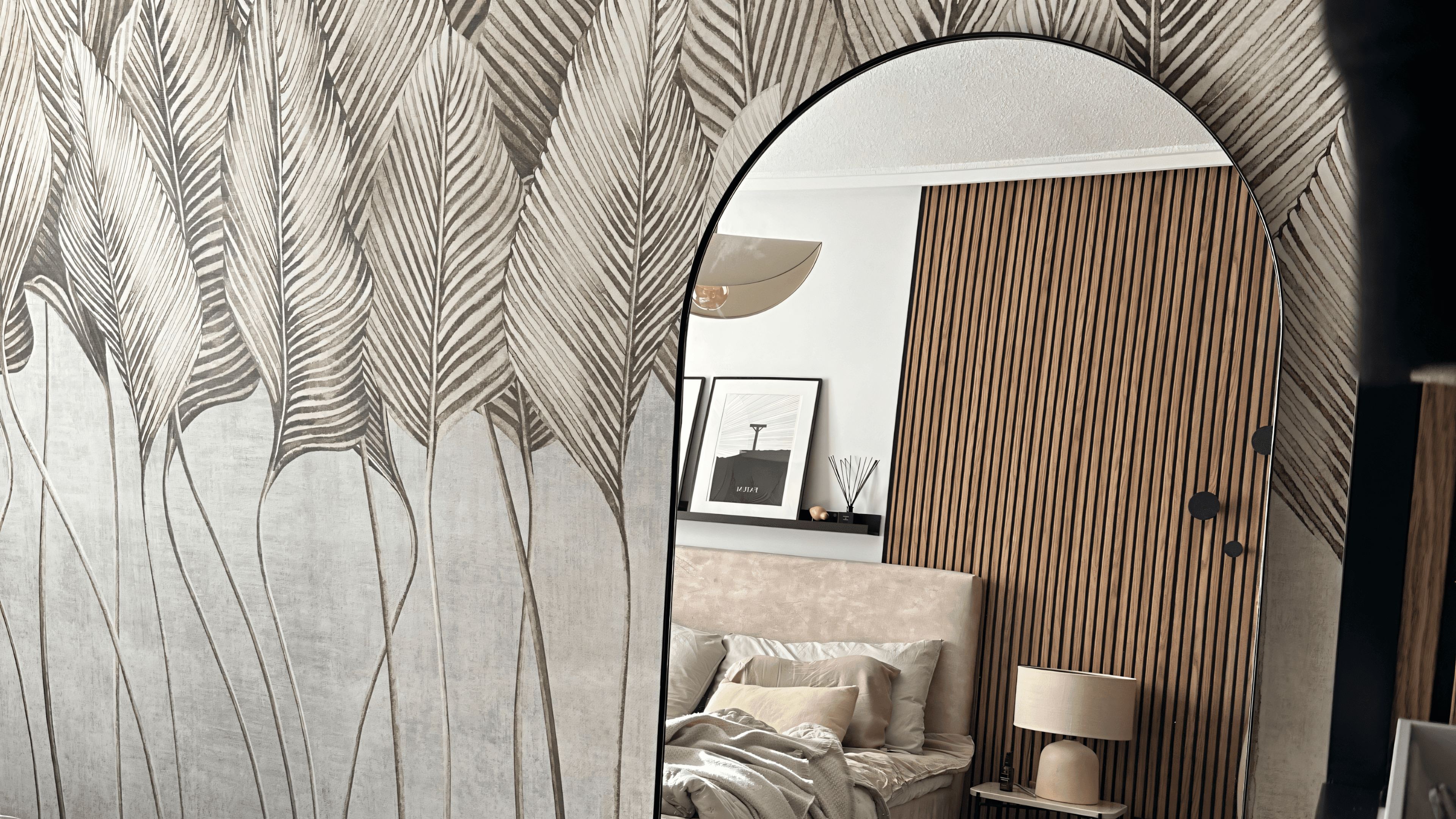 Bedroom with palm wallpaper, arched full-length mirror and oak slat wardrobe, Torrevieja
