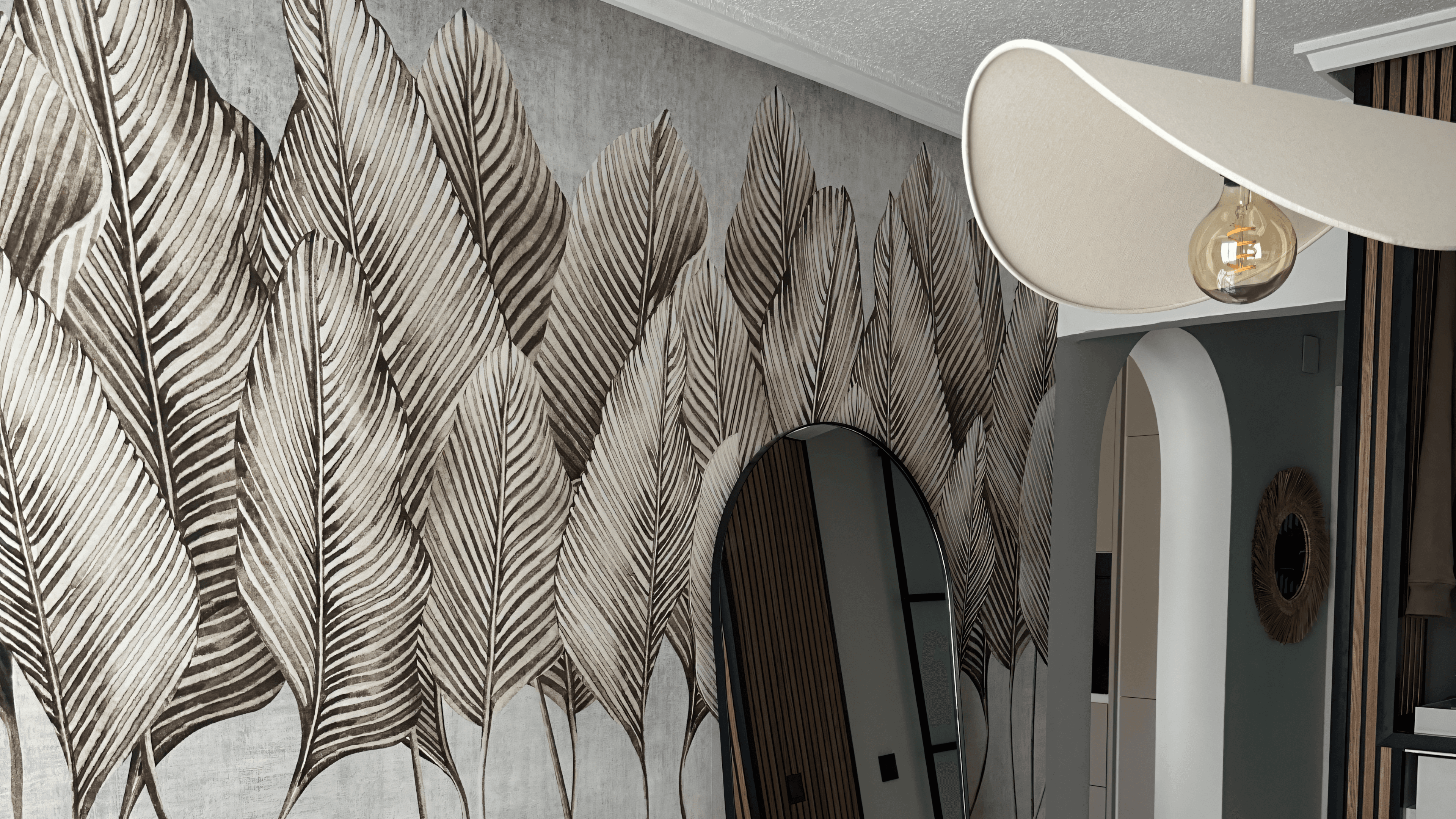 Palm wallpaper with ivory pendant light and passage to the hallway