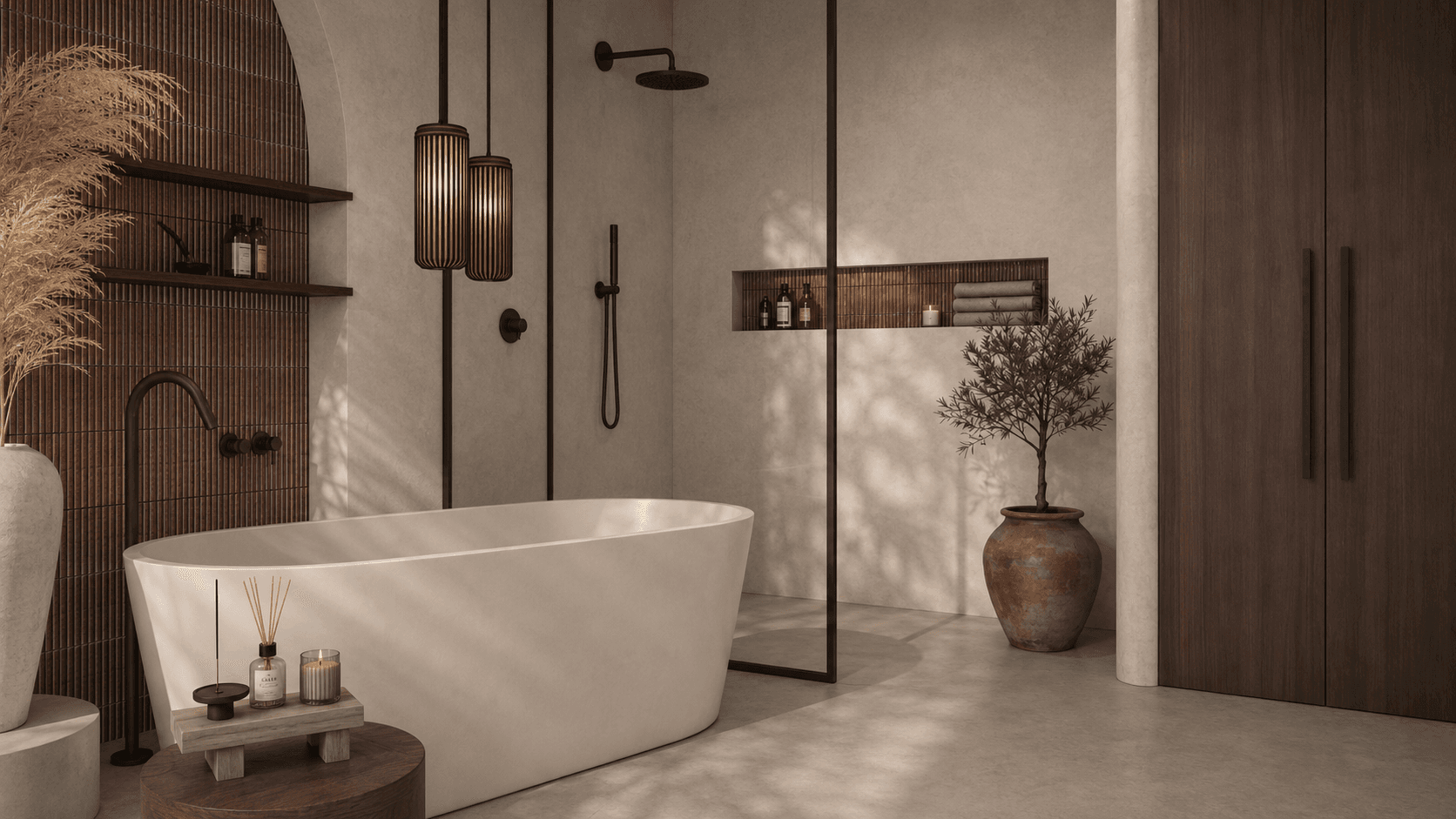 En-suite bathroom with freestanding bathtub, walk-in shower and dark walnut fronts