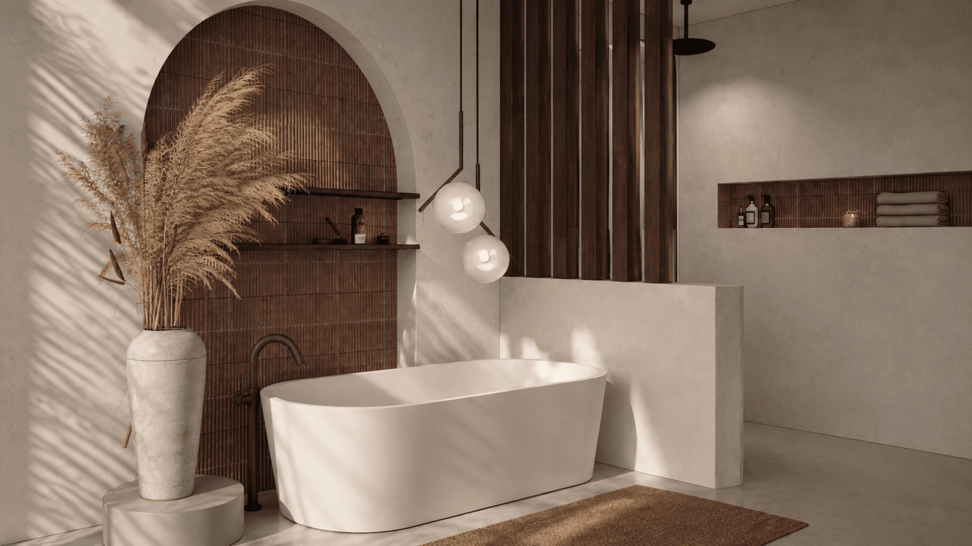 Freestanding bathtub in front of an arched niche with ribbed terracotta tile and pendant lights, Jávea
