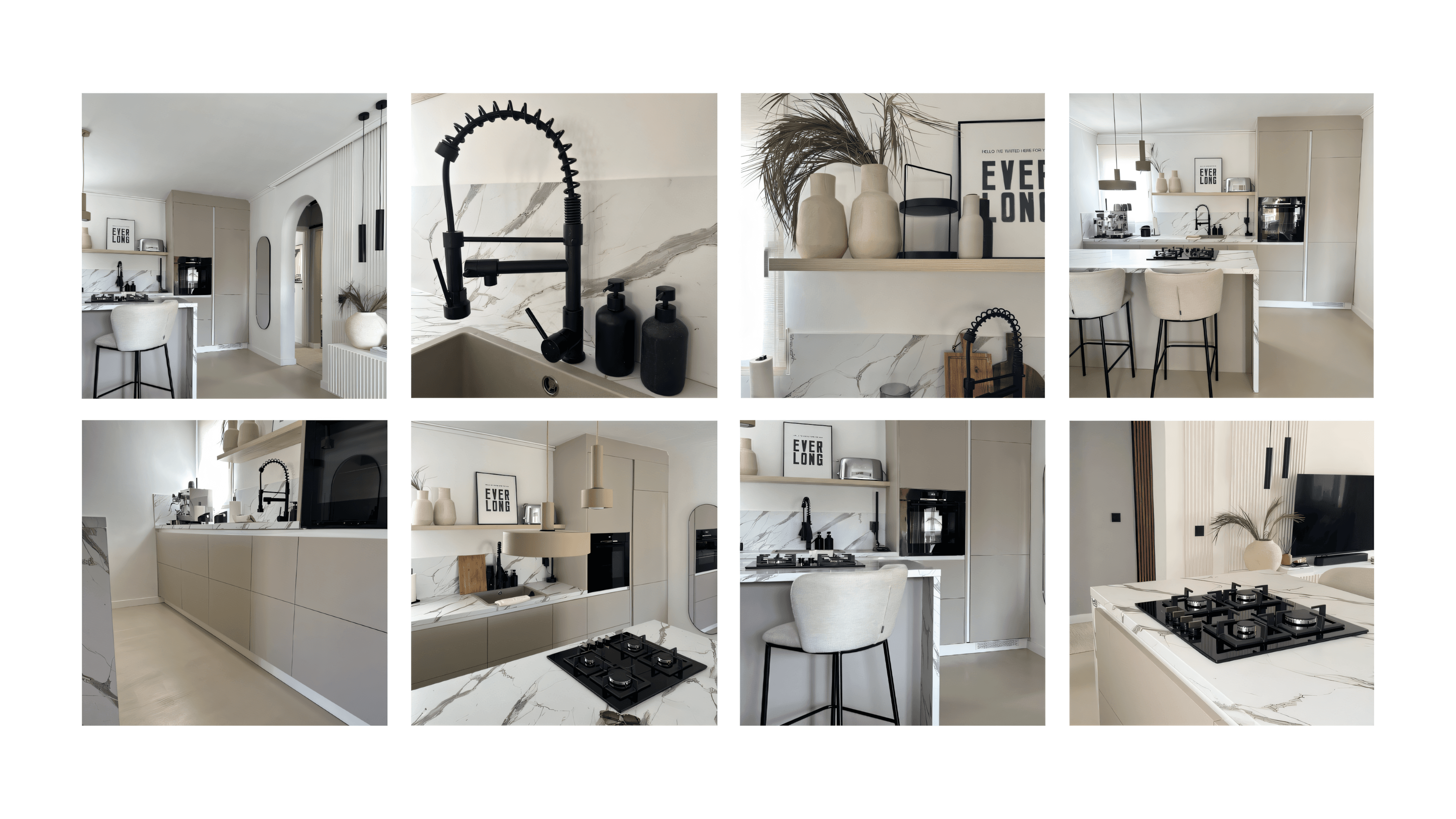After-collage of the renovated kitchen with professional tap, vases and bar stools