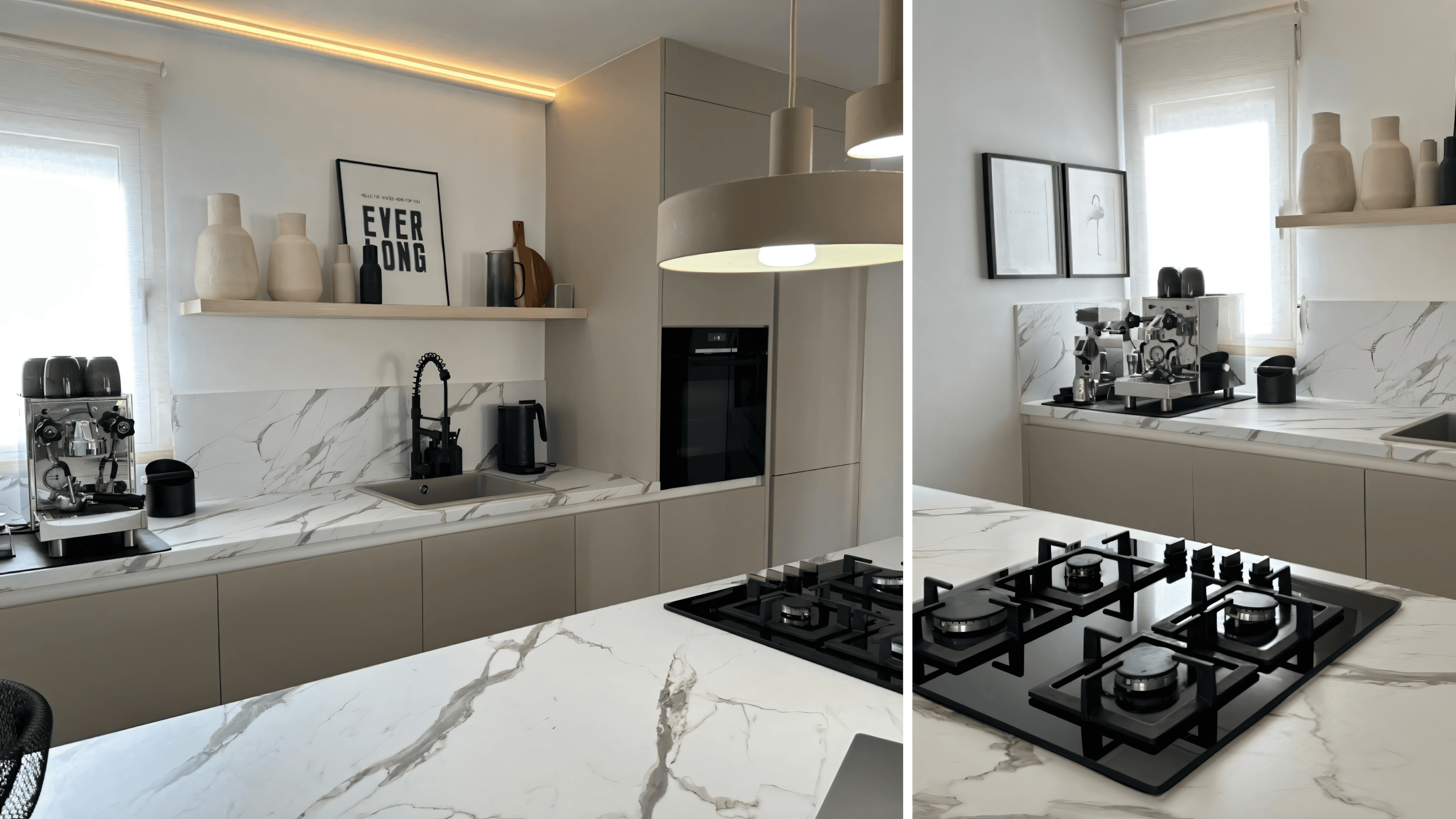 After: renovated kitchen with white marble, tall cabinets and beige pendant light over the island
