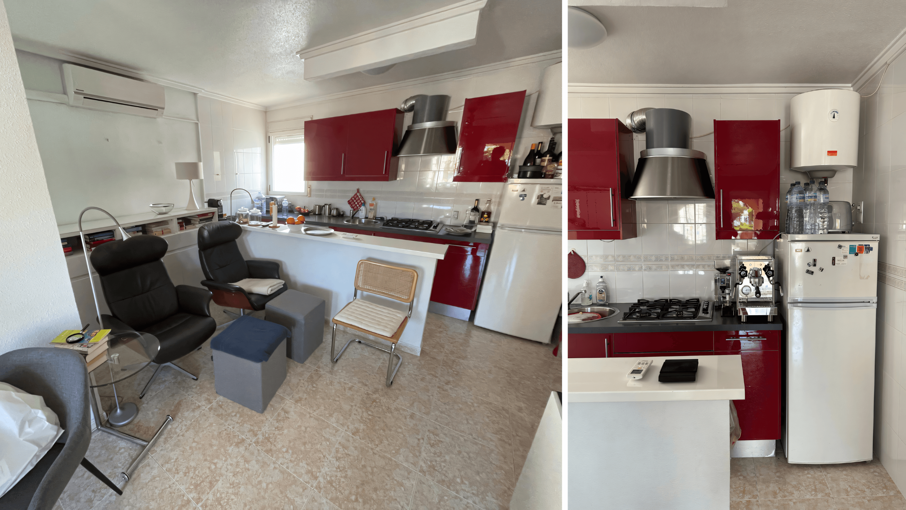 Before: old red kitchen with half-height wall used as a counter