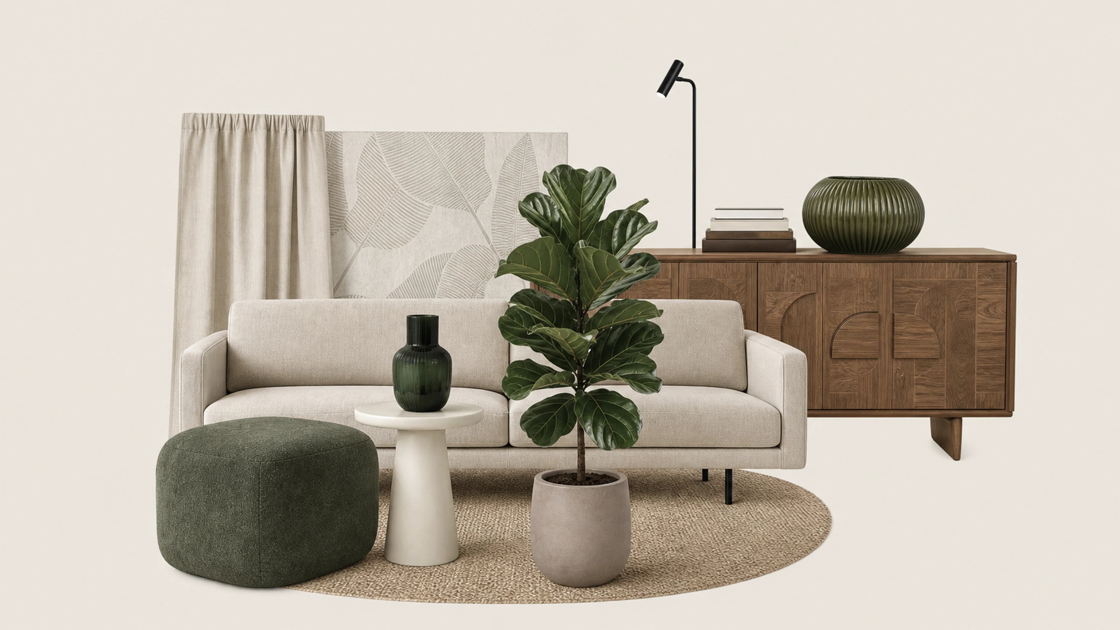 Living room moodboard: linen sofa, walnut sideboard, fiddle-leaf fig and green pouf, Torrevieja