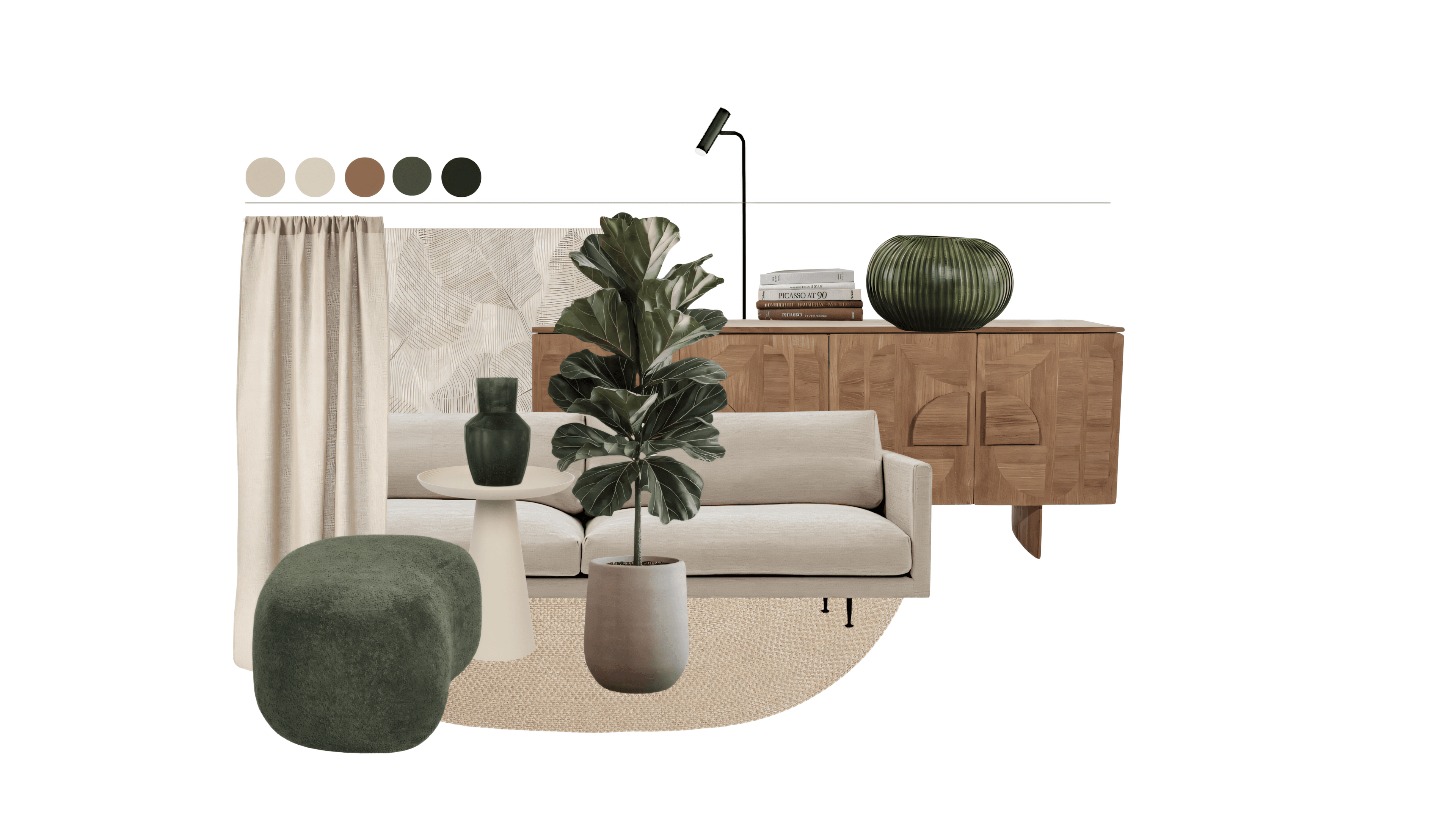 Neutral & Natural Living moodboard with green accents