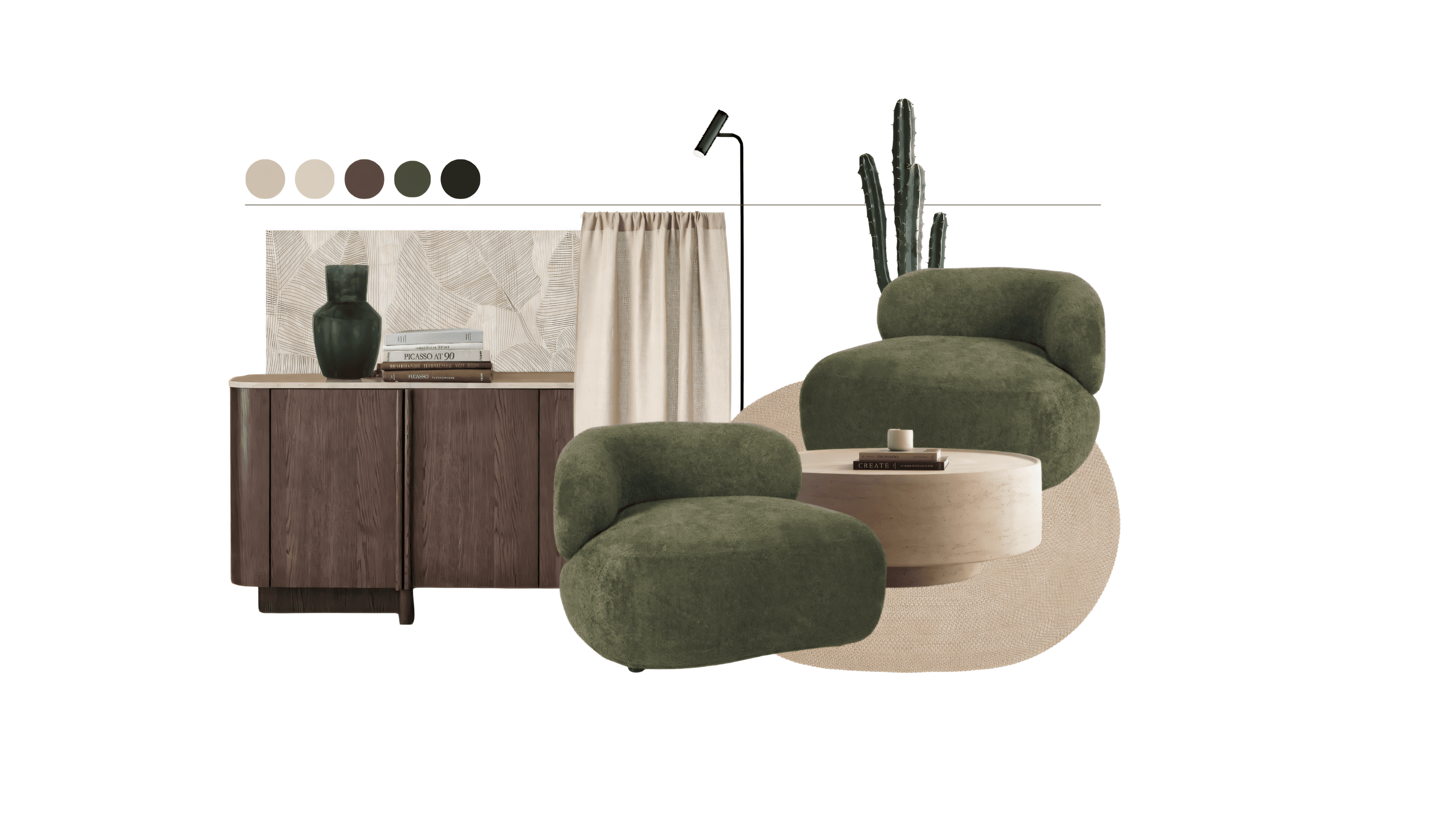 Moodboard with olive bouclé armchairs, travertine coffee table and cactus