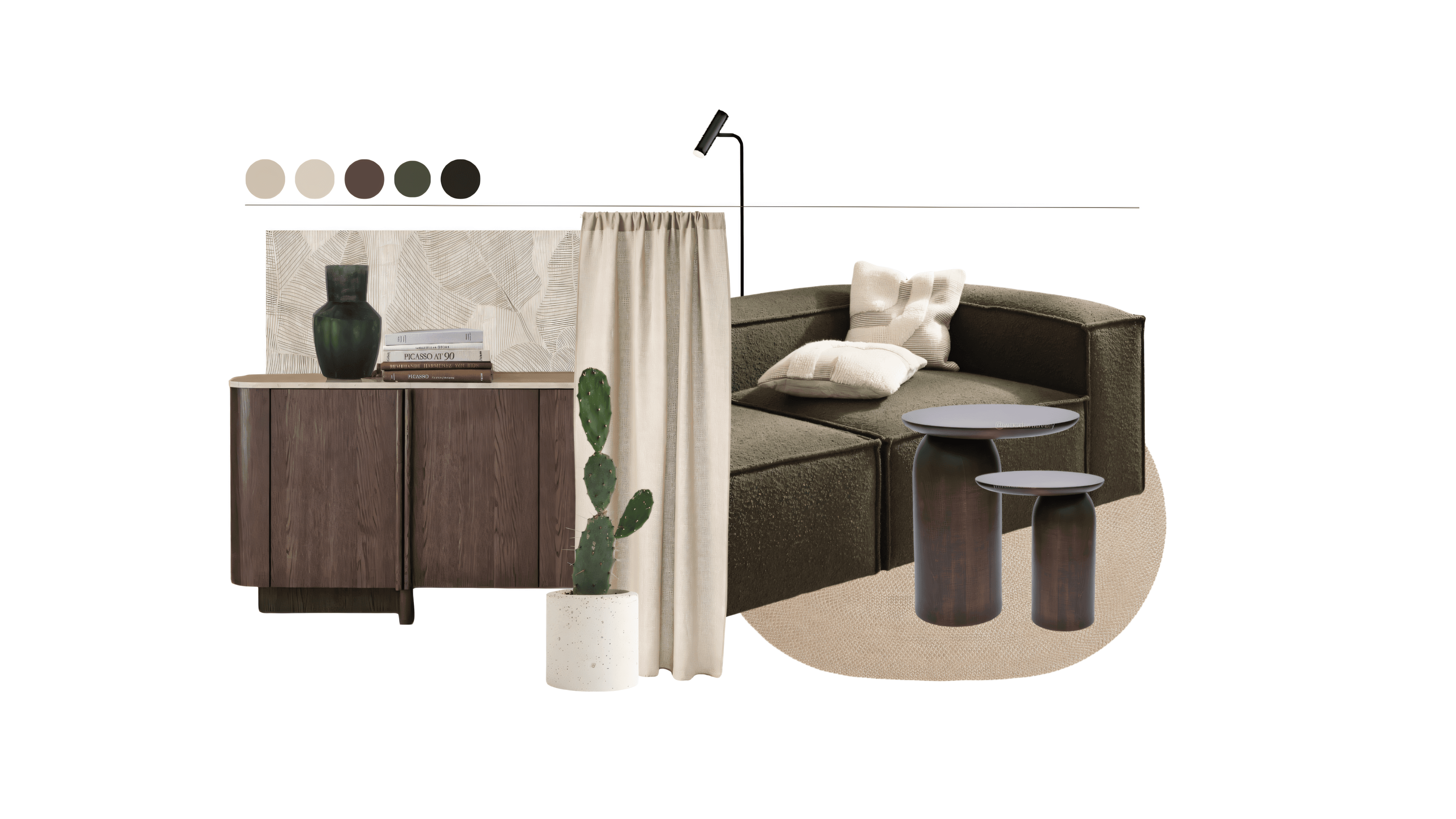 Variant moodboard with olive-green modular sofa, walnut sideboard, cactus and travertine wallpaper