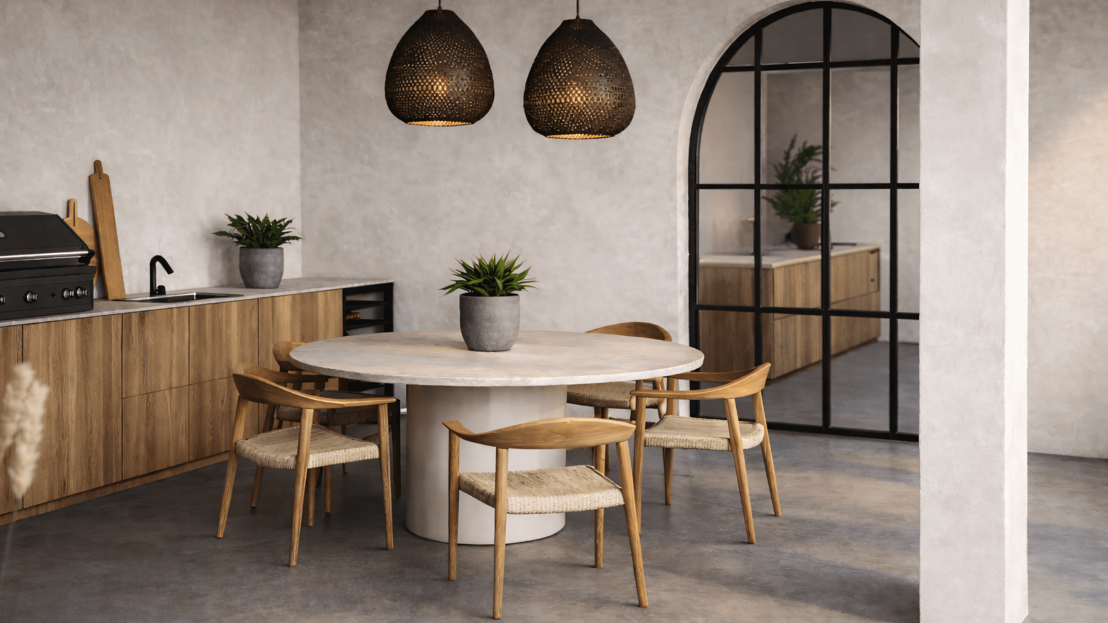 Rooftop outdoor kitchen with round stone table, oak chairs and arched loft door