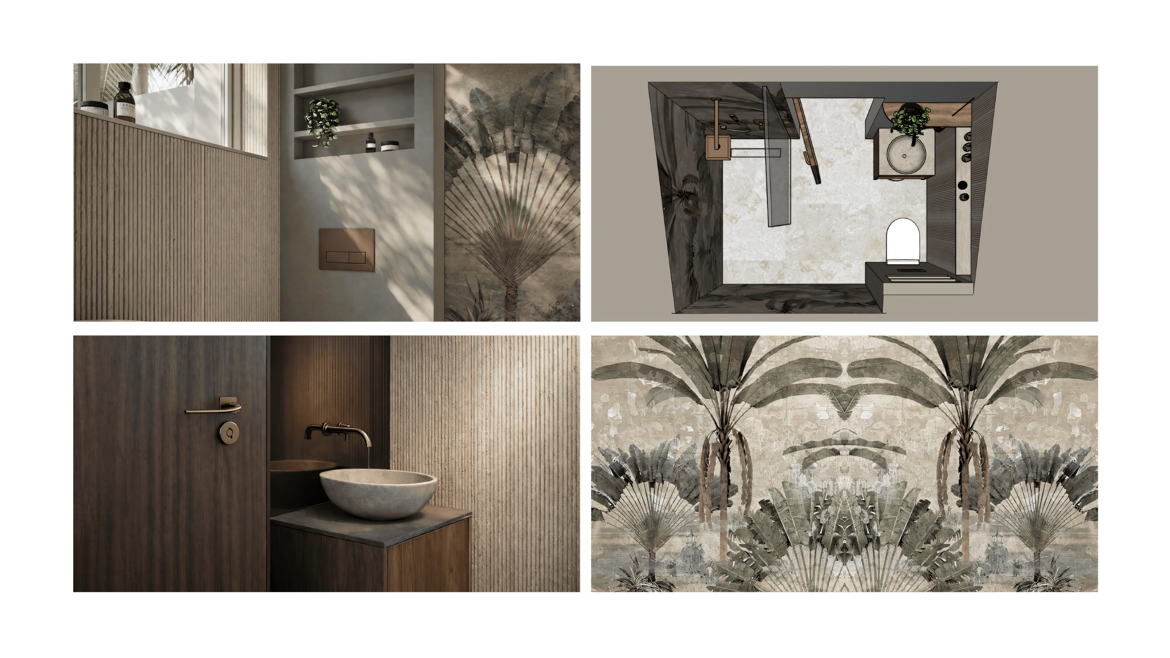 Concept collage: niche with palm wallpaper, floor plan and vanity detail
