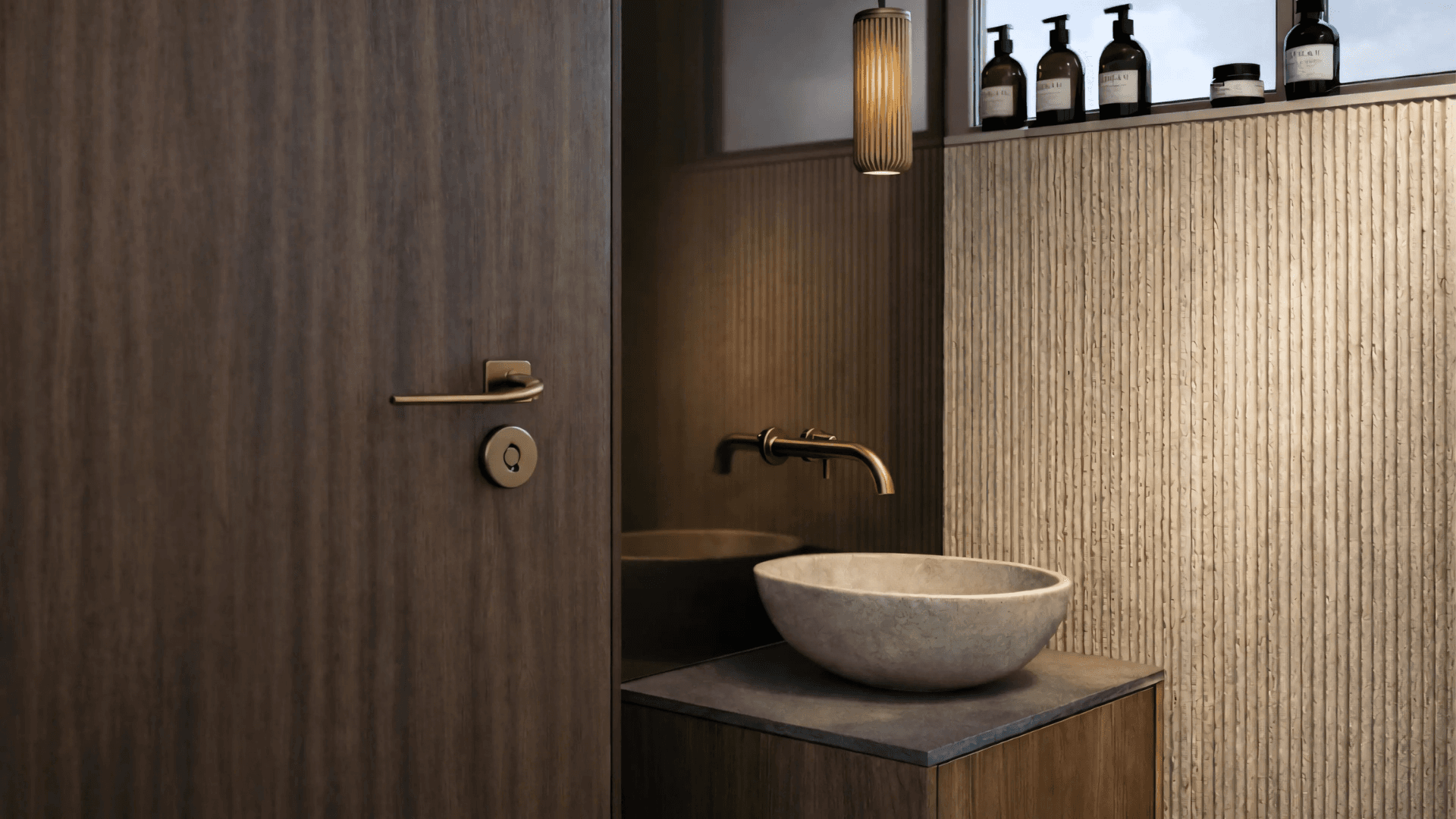 Luxury guest bathroom with ribbed wall, stone basin and walnut vanity, Pinar de Campoverde