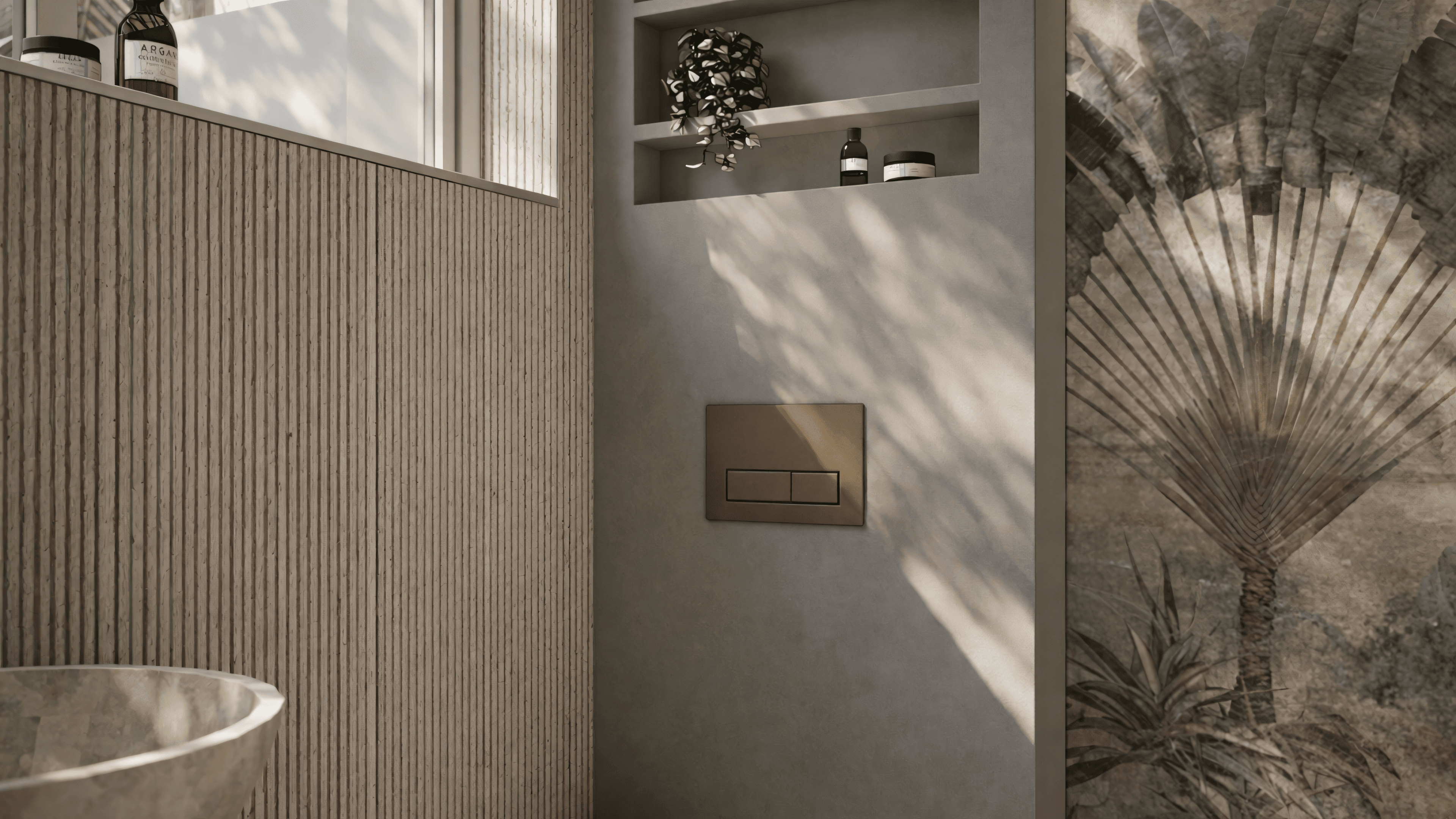 Toilet niche with bronze flush plate, shelf niche and palm wallpaper