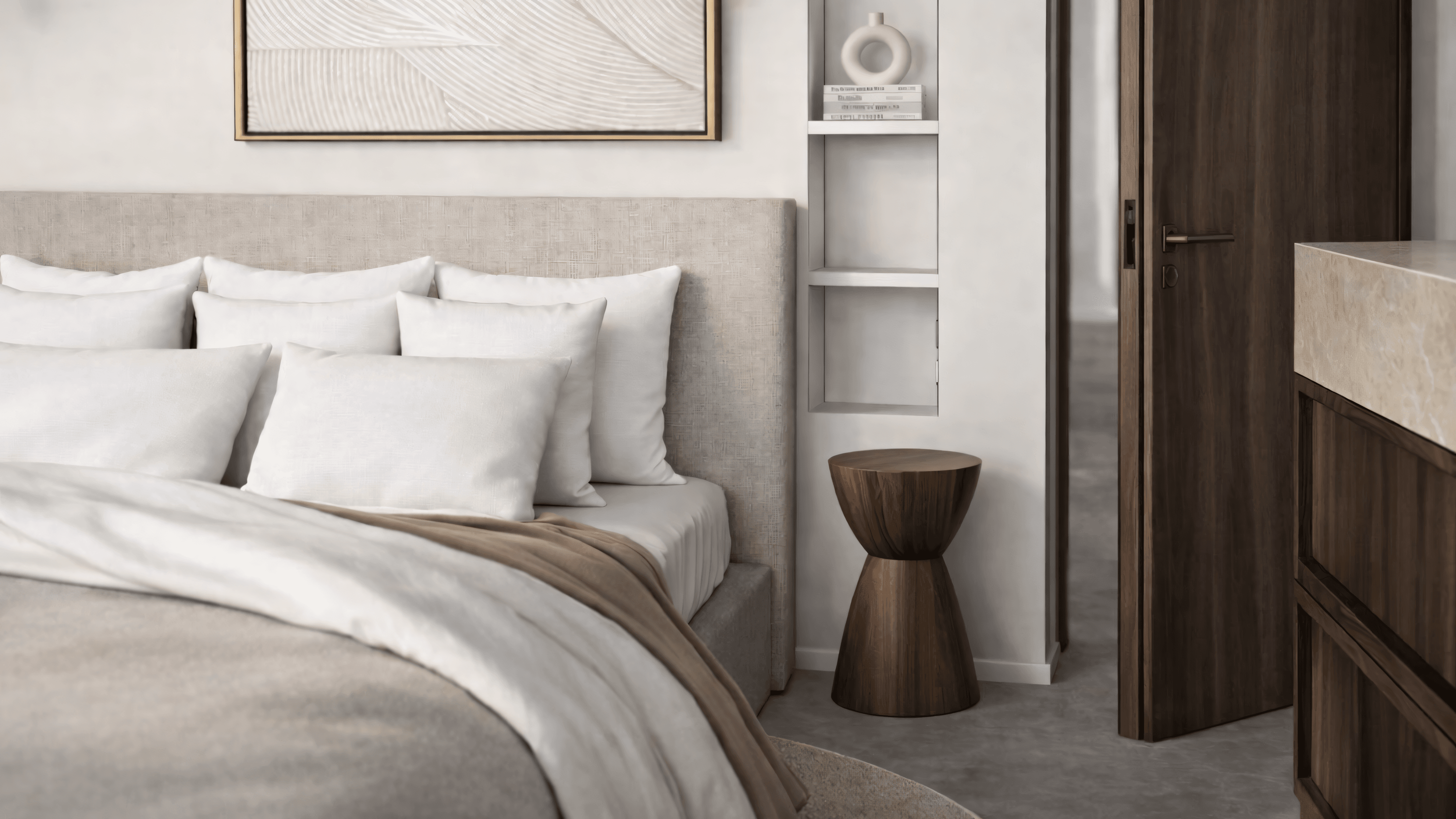 Master bedroom with beige upholstered bed, walnut side table and shelf niche, Pinar de Campoverde