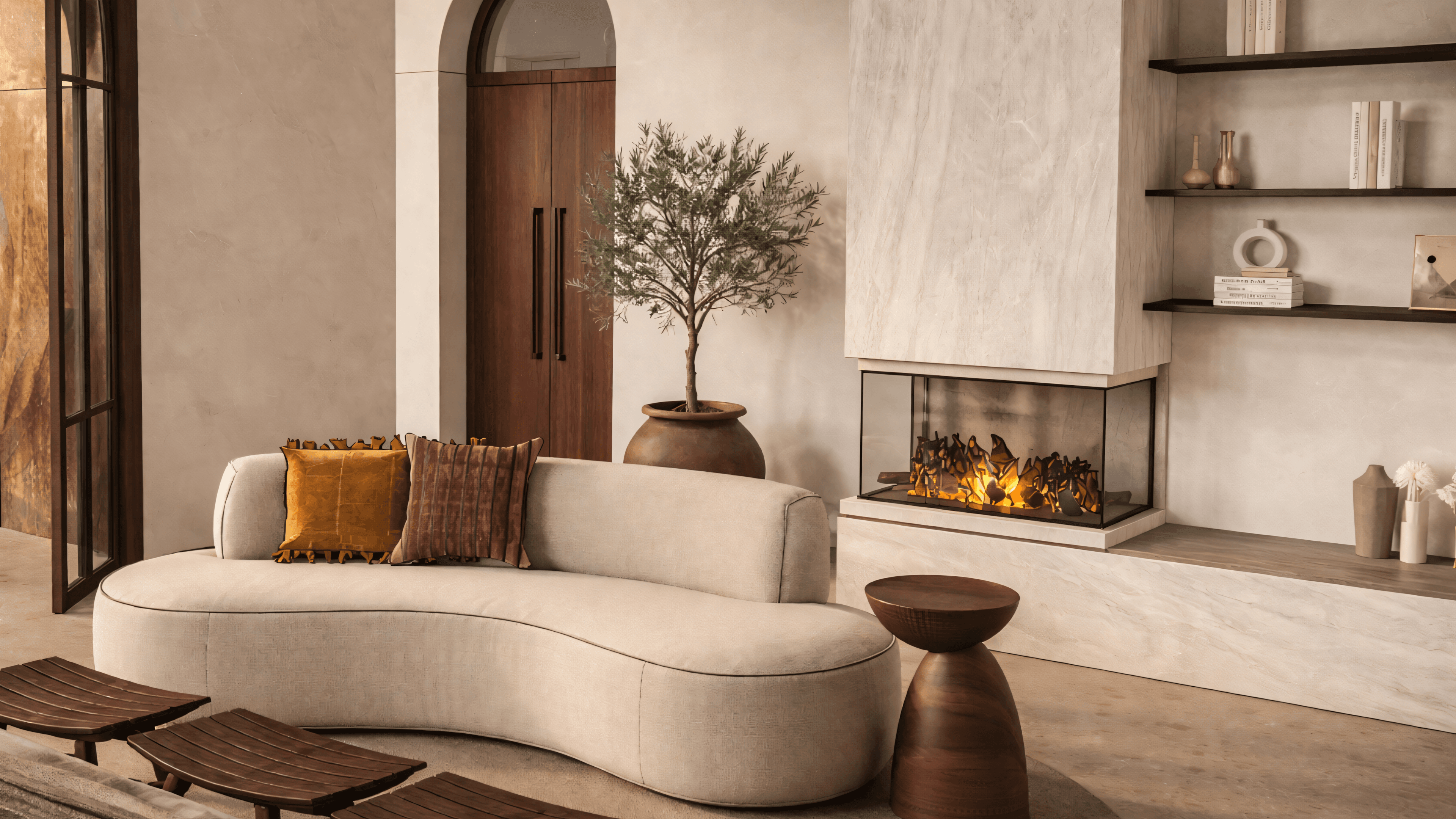 Bedroom lounge with curved bouclé sofa, marble fireplace and olive tree, Jávea