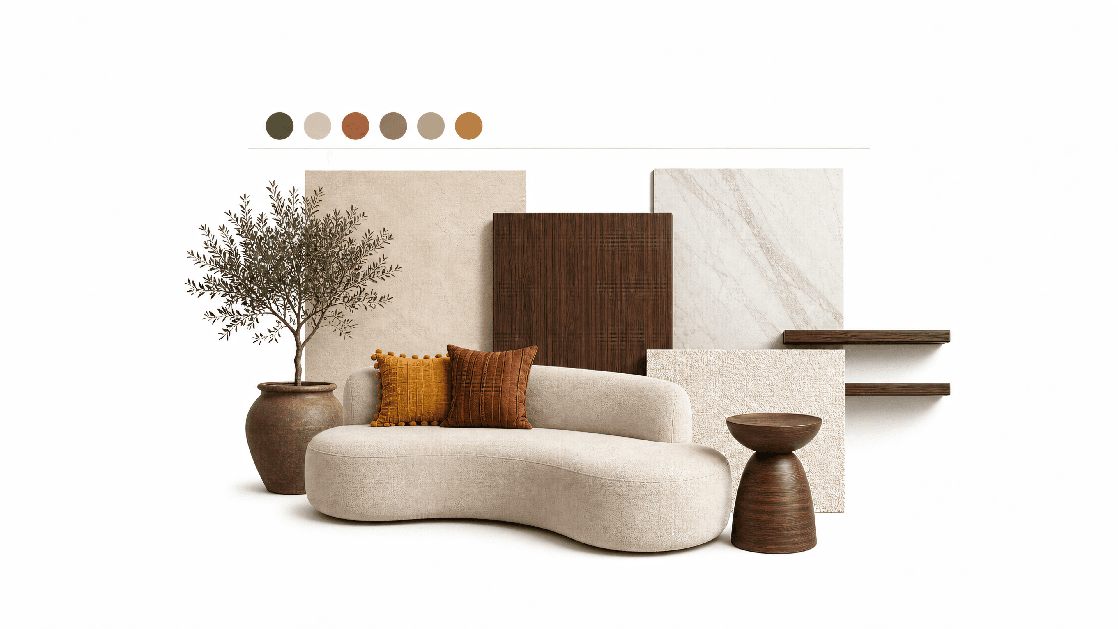 Master suite moodboard with marble fireplace, walnut, bouclé sofa, side table and olive tree