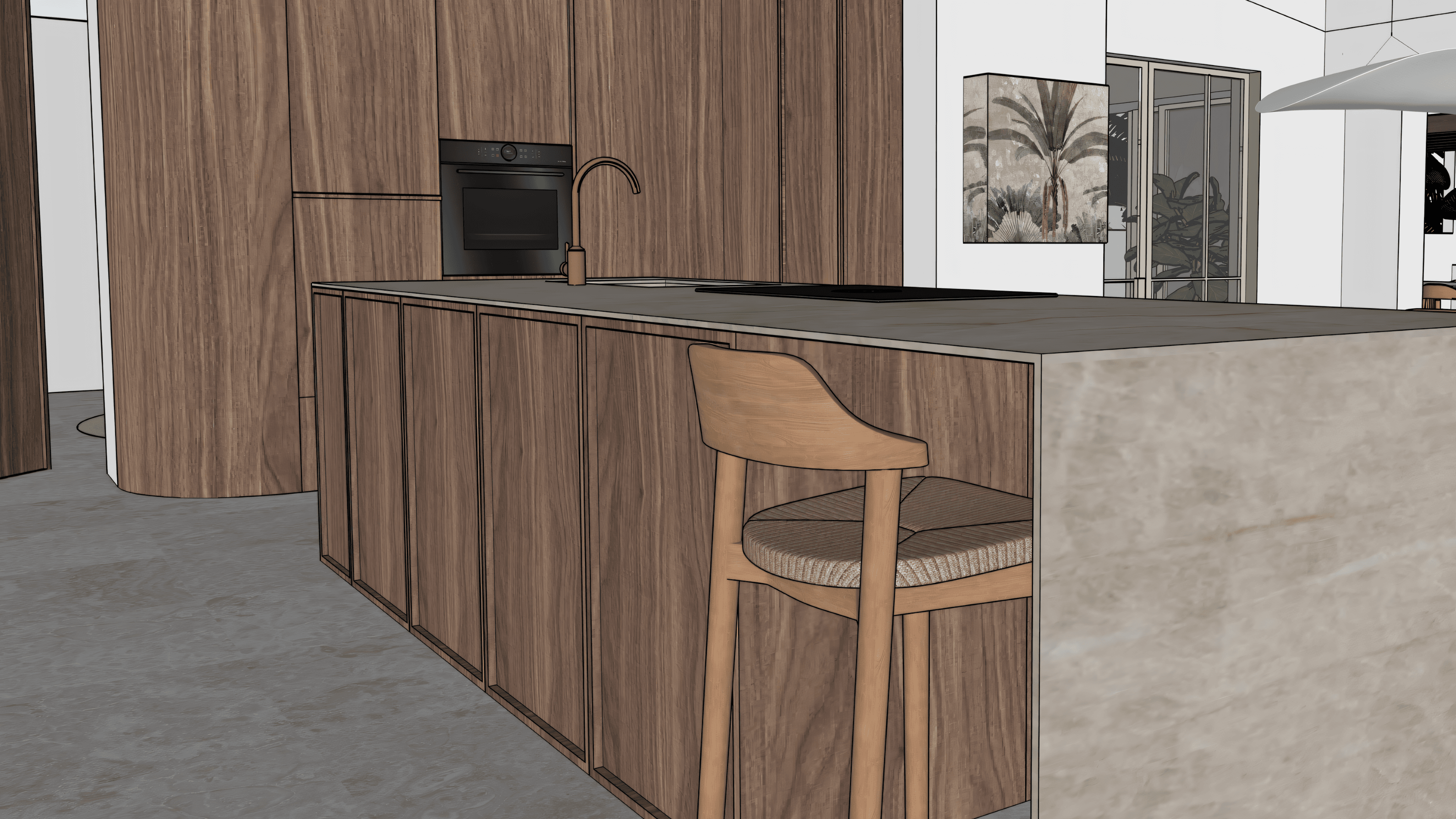 SketchUp view of the kitchen island with walnut fronts, bronze tap and oven