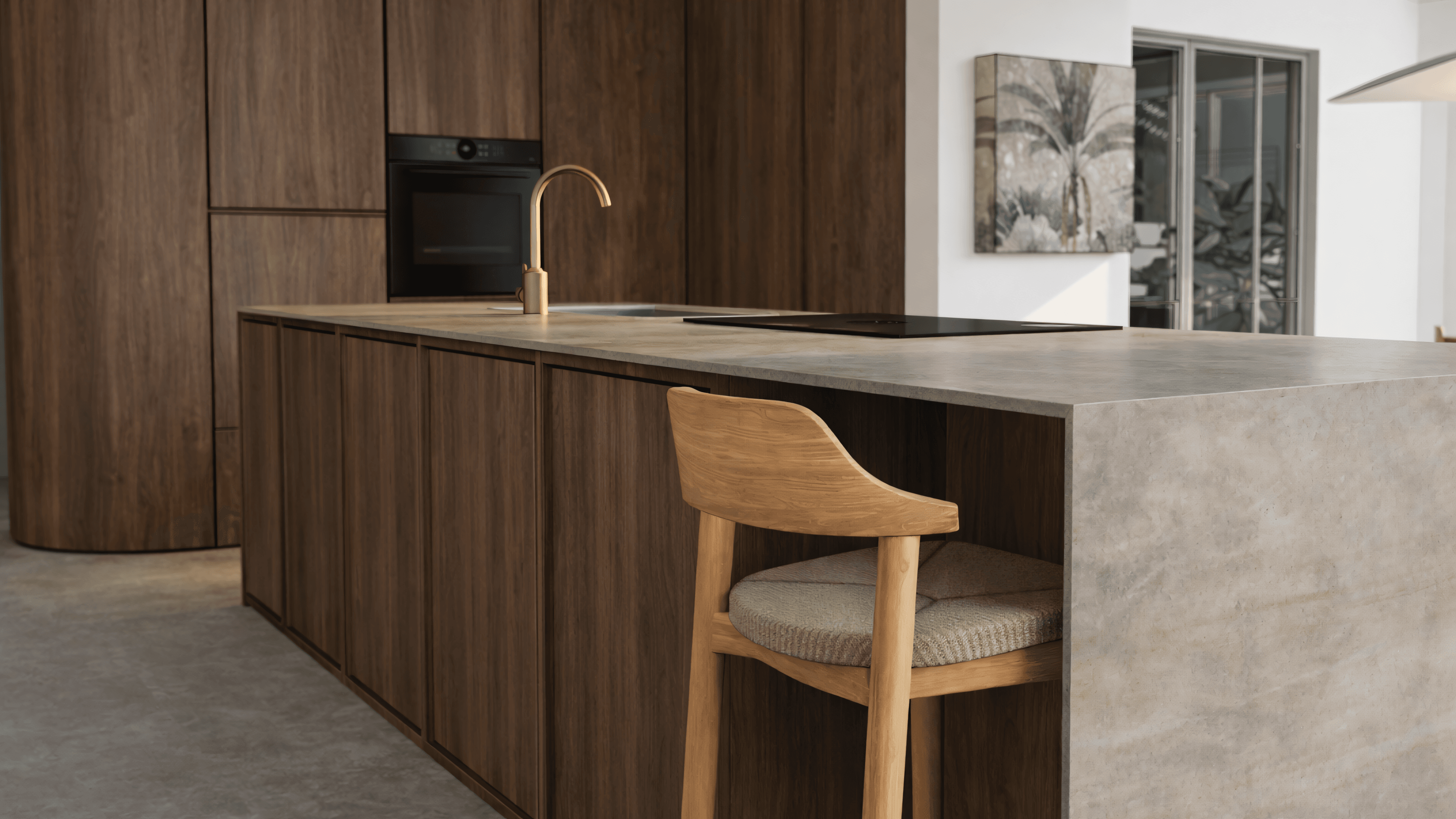 Kitchen island with walnut fronts, Taj Mahal worktop and oak bar stool, Pinar de Campoverde