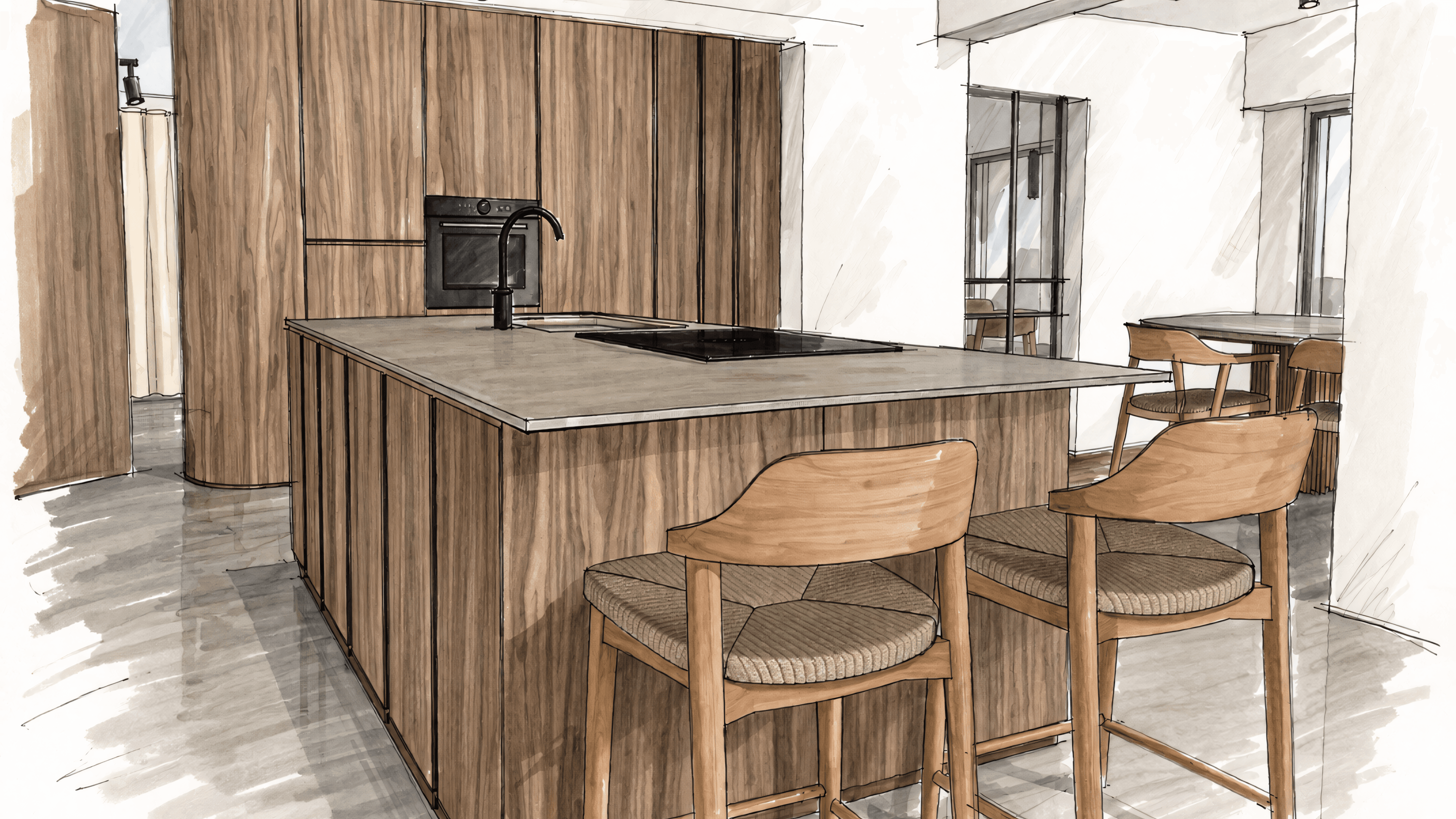 First sketch draft of the kitchen island with walnut fronts and bar stools