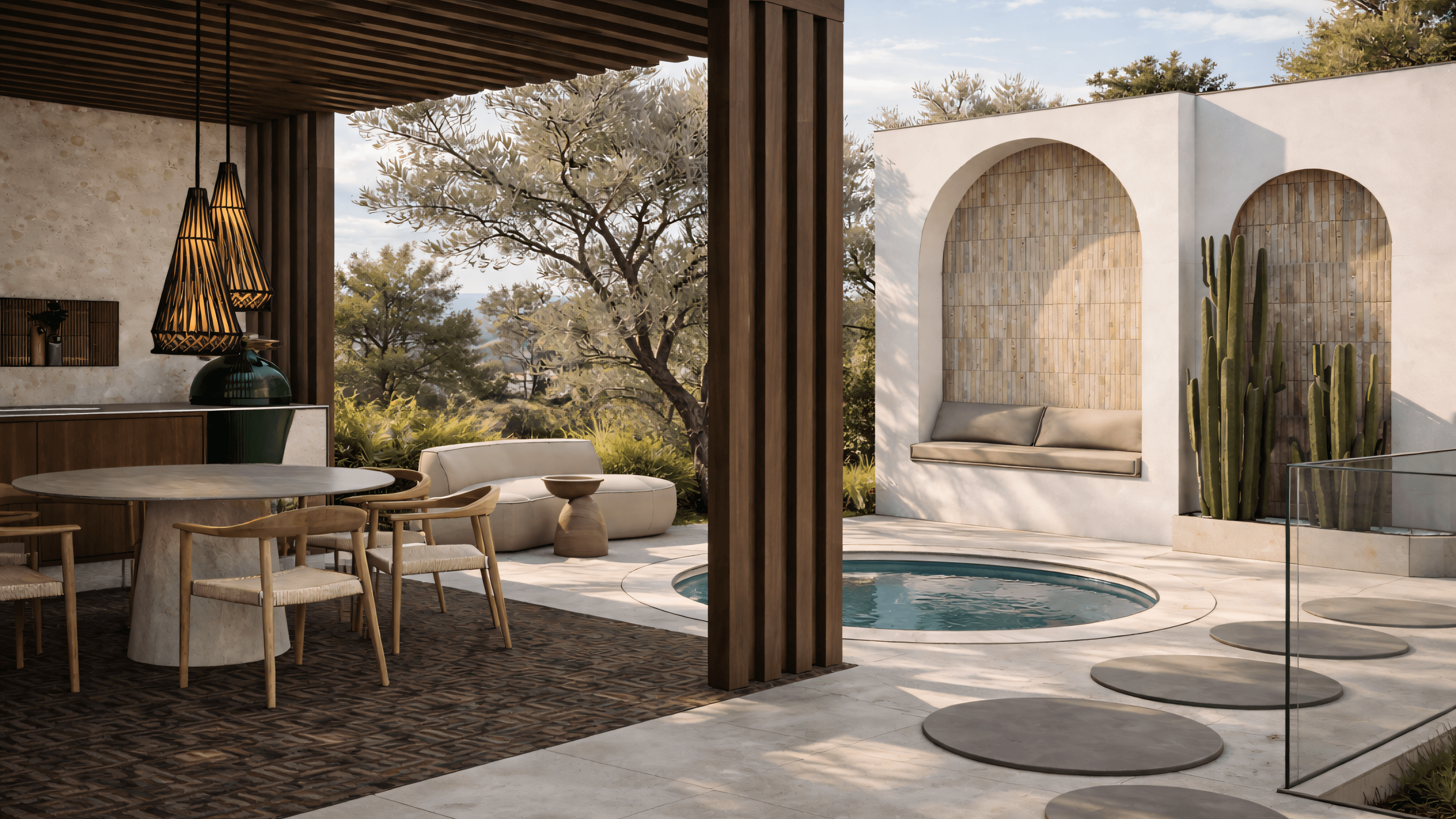 Outdoor dining under a pergola with arched niches, cacti and mini pool, Jávea