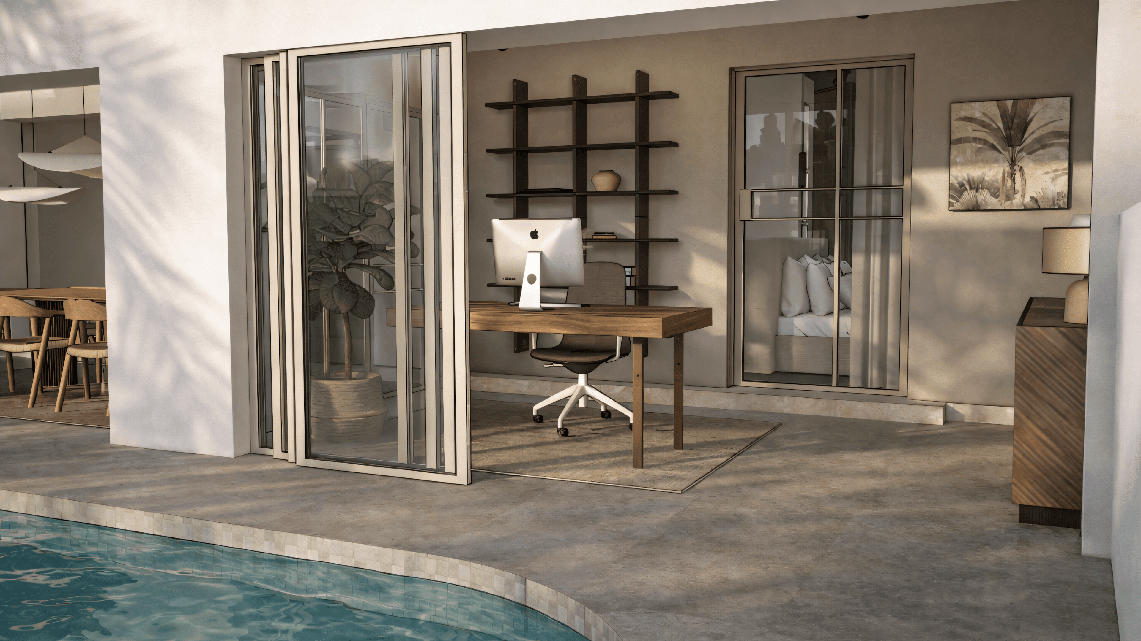 Home office with walnut desk and sliding window looking onto the pool, Pinar de Campoverde