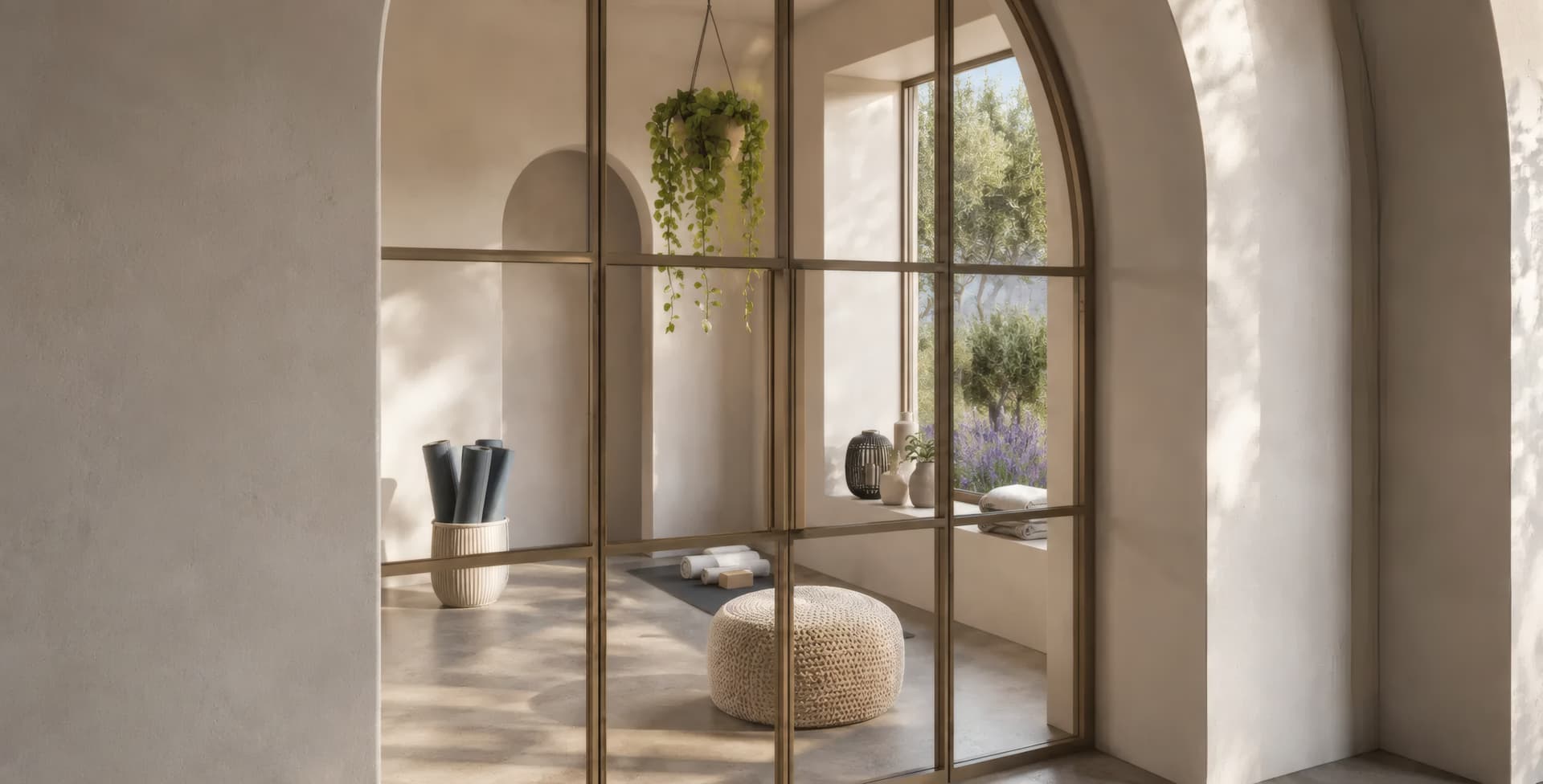 Arched steel-frame window with hanging plant and view onto the lavender courtyard