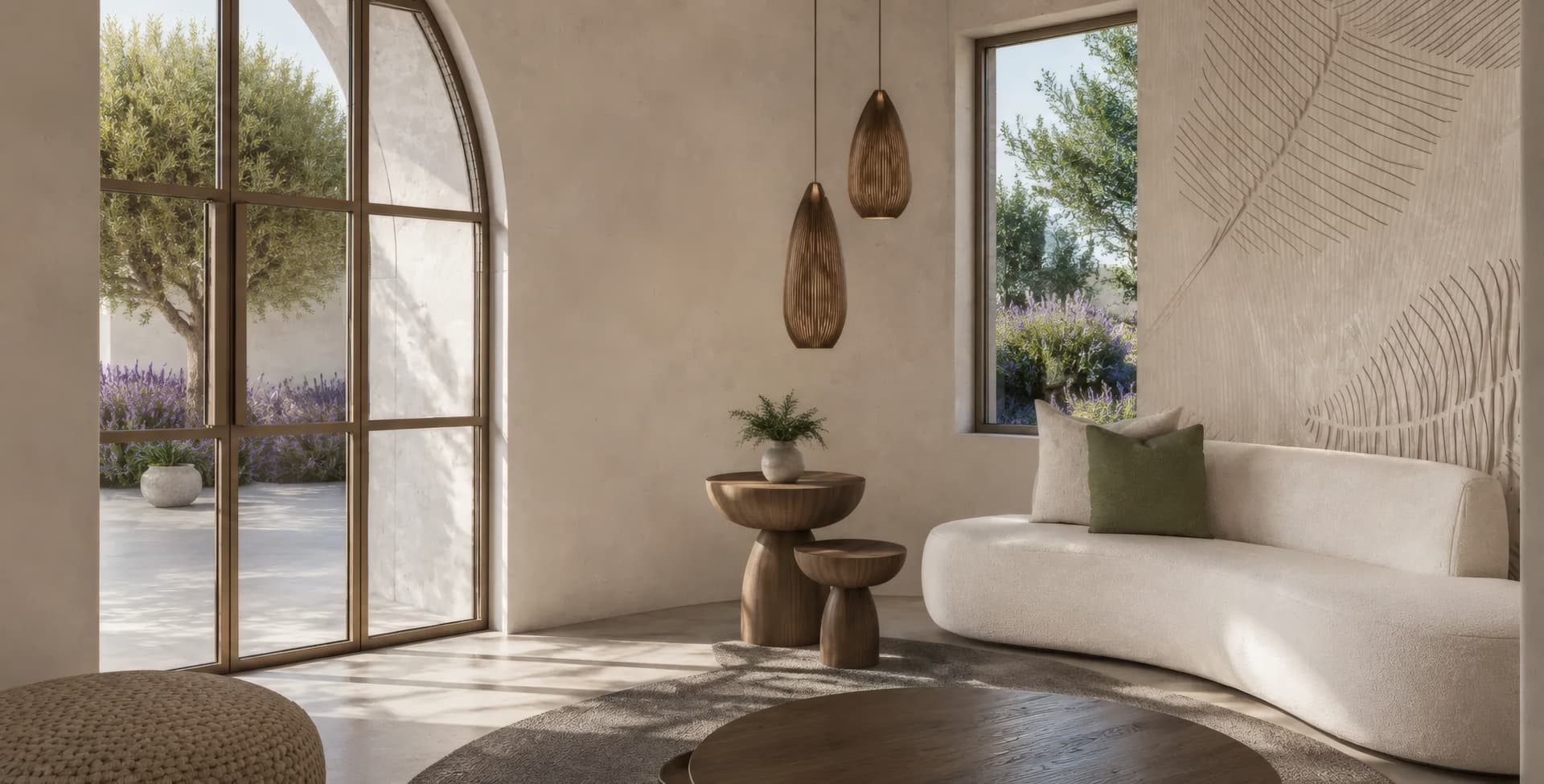 Private yoga room with curved sofa, wooden pendant lights and arched door, Daya Vieja