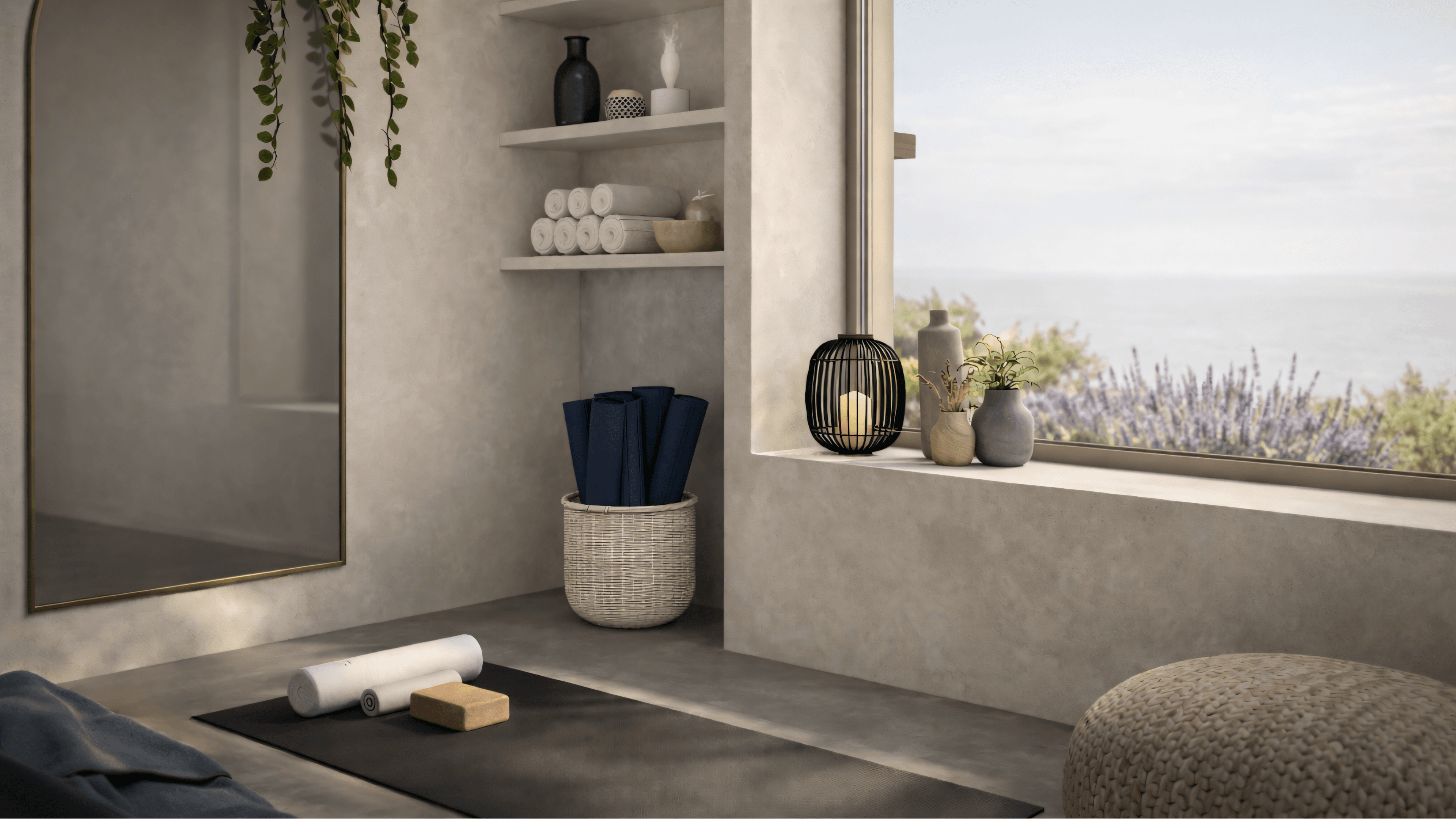 Yoga room detail with deep window seat, yoga mat, wicker basket and candle niche